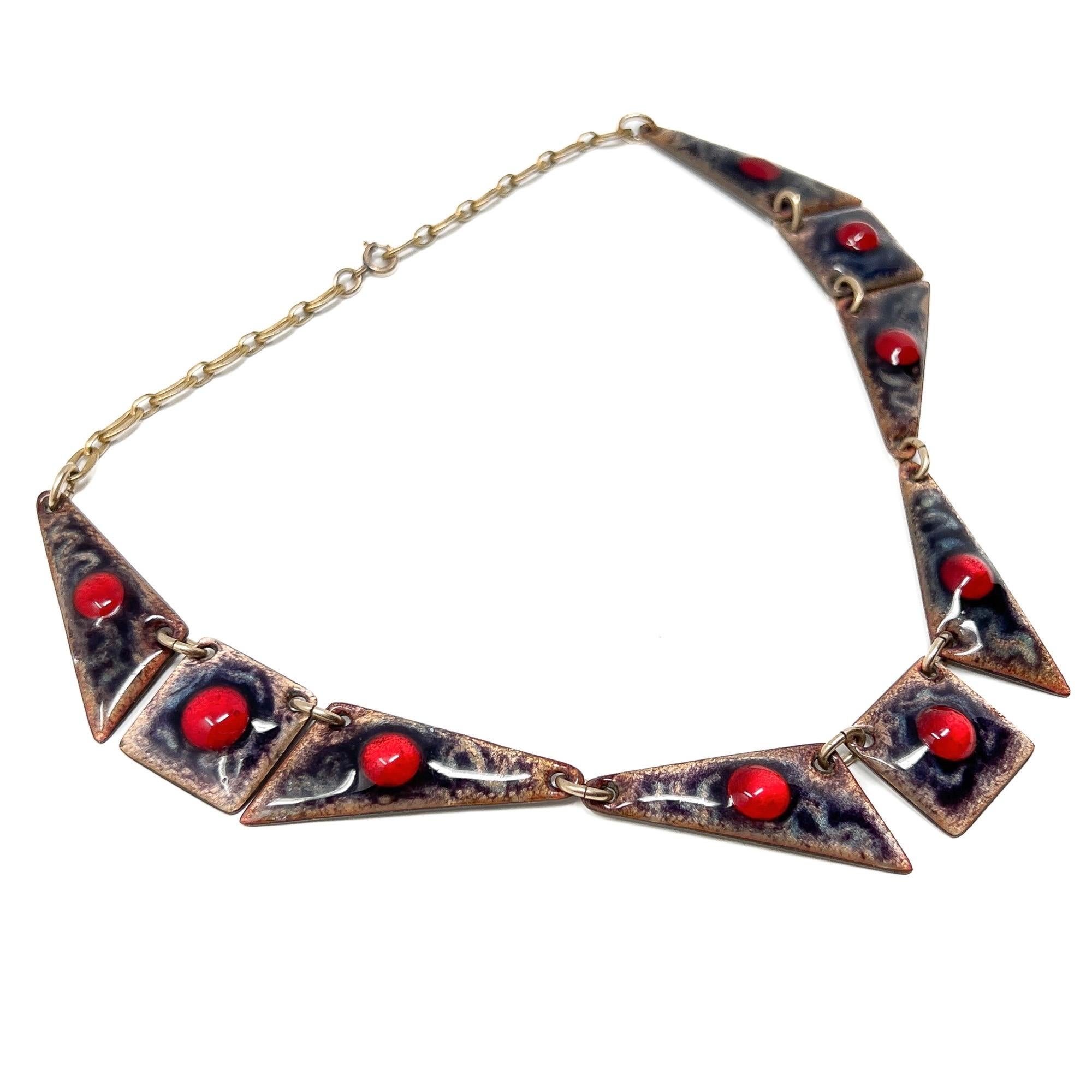 Collana vintage di Limoges 1950 con smalto marrone e vetro rosso in vendita 2