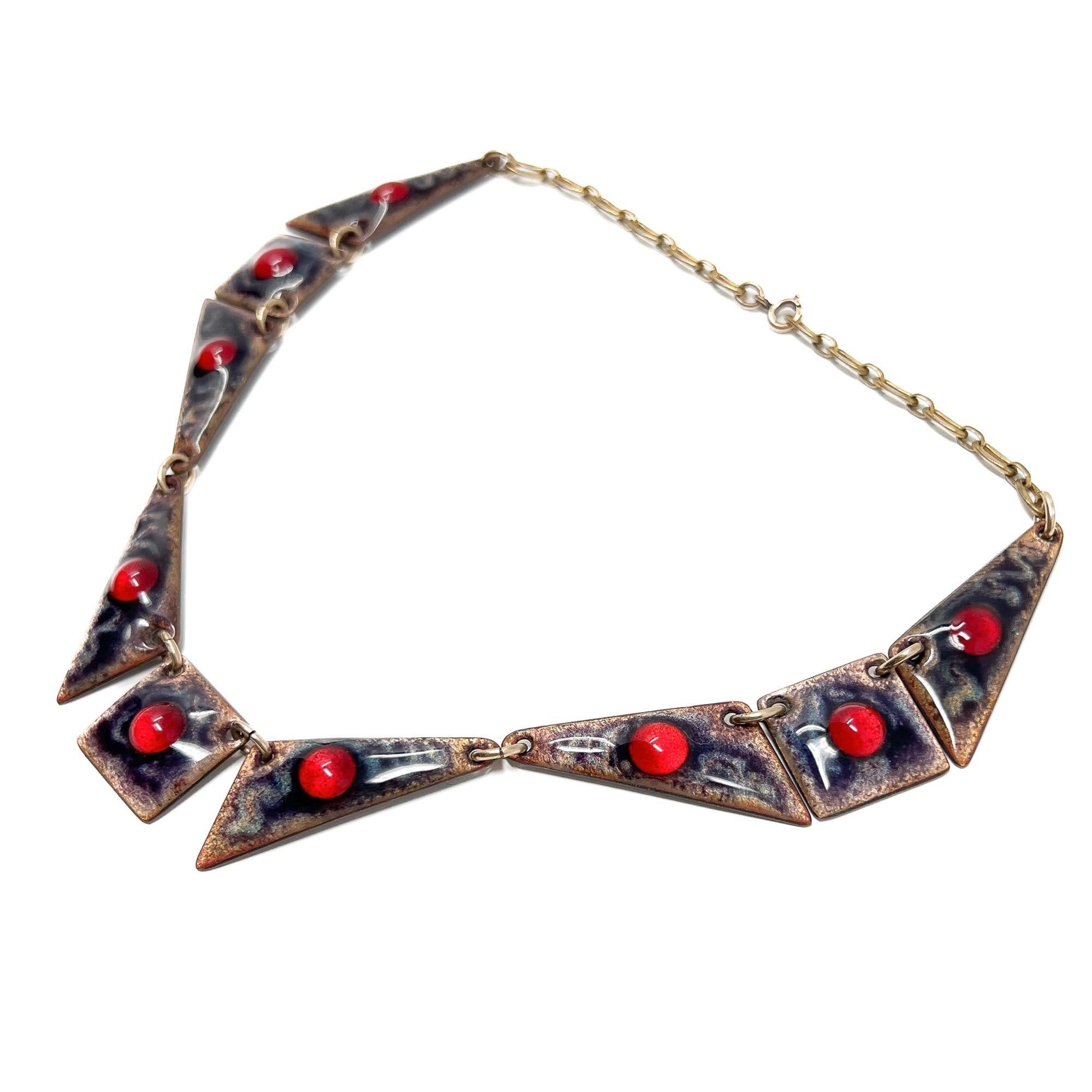 Collana vintage di Limoges 1950 con smalto marrone e vetro rosso in vendita 3