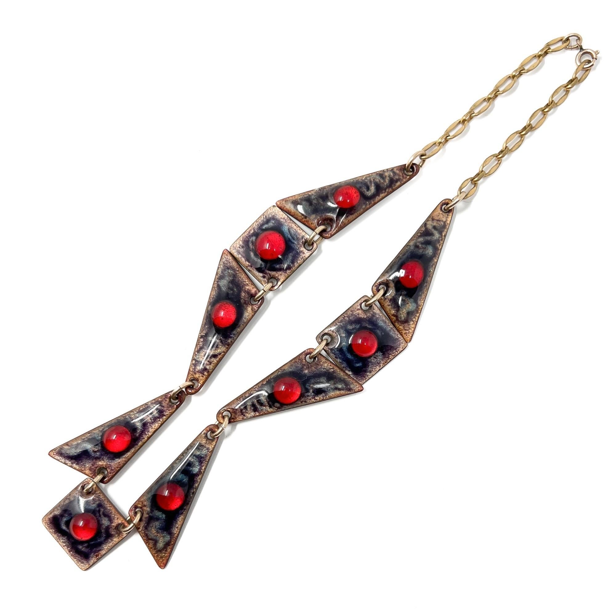 Collana vintage di Limoges 1950 con smalto marrone e vetro rosso in vendita 4