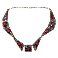 Collana vintage di Limoges 1950 con smalto marrone e vetro rosso