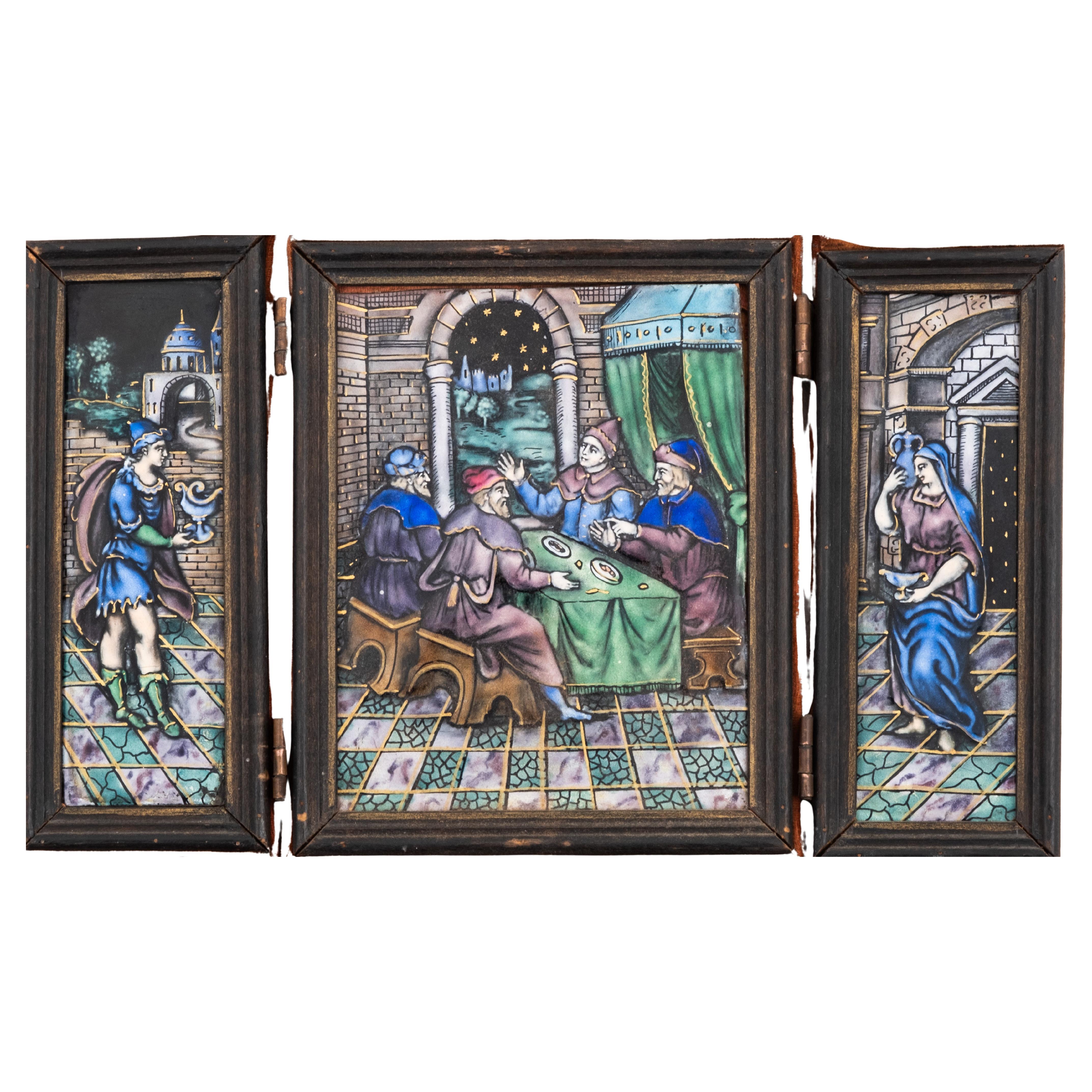 Trittico in rame con smalto antico di Limoges