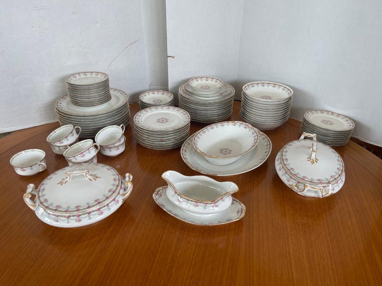 French Limoges Antique Martial Redon China Service for Eight with Serving Pieces 85 Pcs For Sale