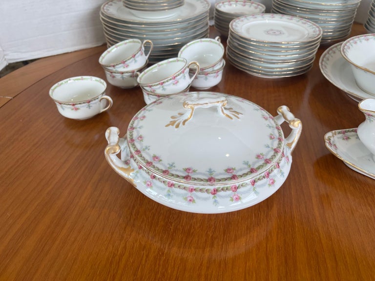 Porcelain Limoges Antique Martial Redon China Service for Eight with Serving Pieces 85 Pcs For Sale