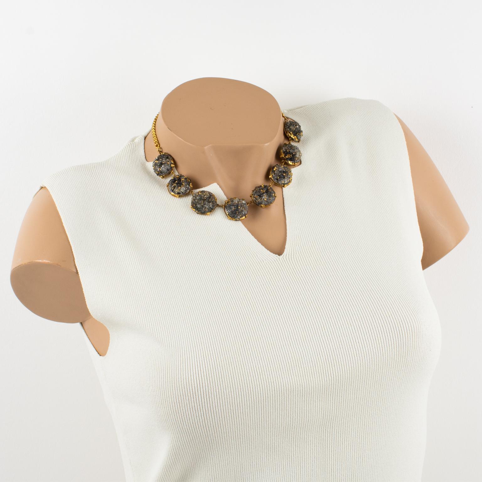 This beautiful enamel and pate de verre link choker necklace was produced in Limoges, France, in the 1950s. The enameled round domed copper elements are hinged with a gilded brass chain. This popular 1950s and 1960s technique named 