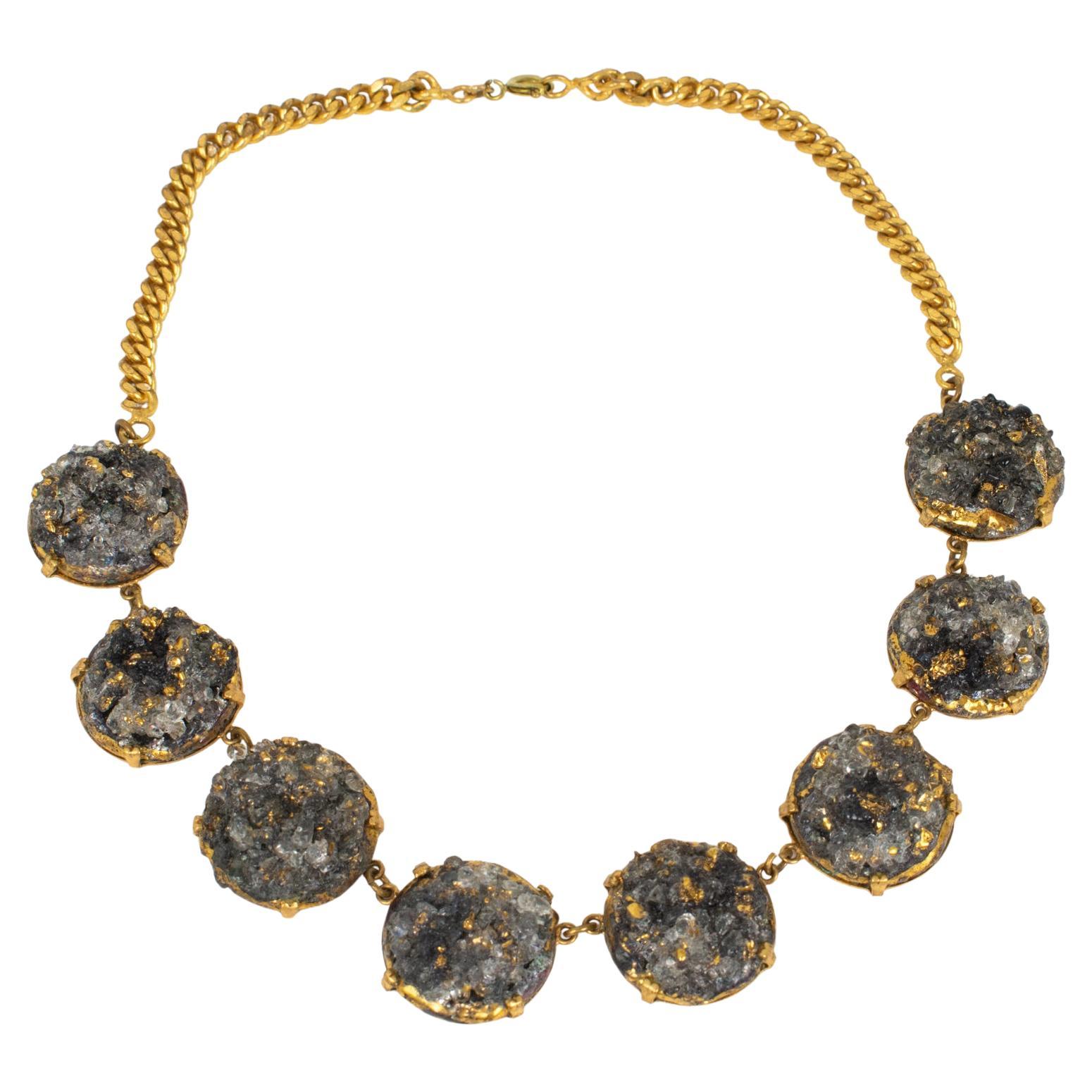 Limoges Black Gray Enamel and Pate de Verre Link Choker Necklace