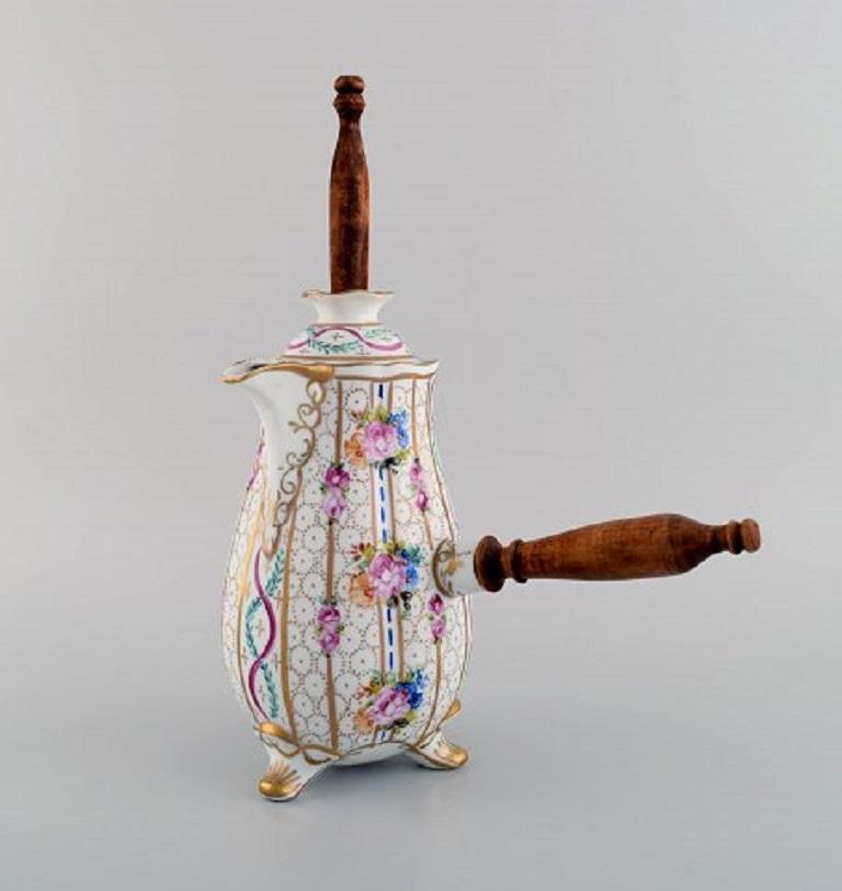 French Limoges Chocolate Pot in Hand Painted Porcelain with Floral and Gold Decoration