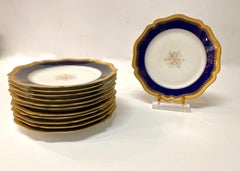 Limoges Cobalt and Gold Rimmed Dinner Plates, Set of 12