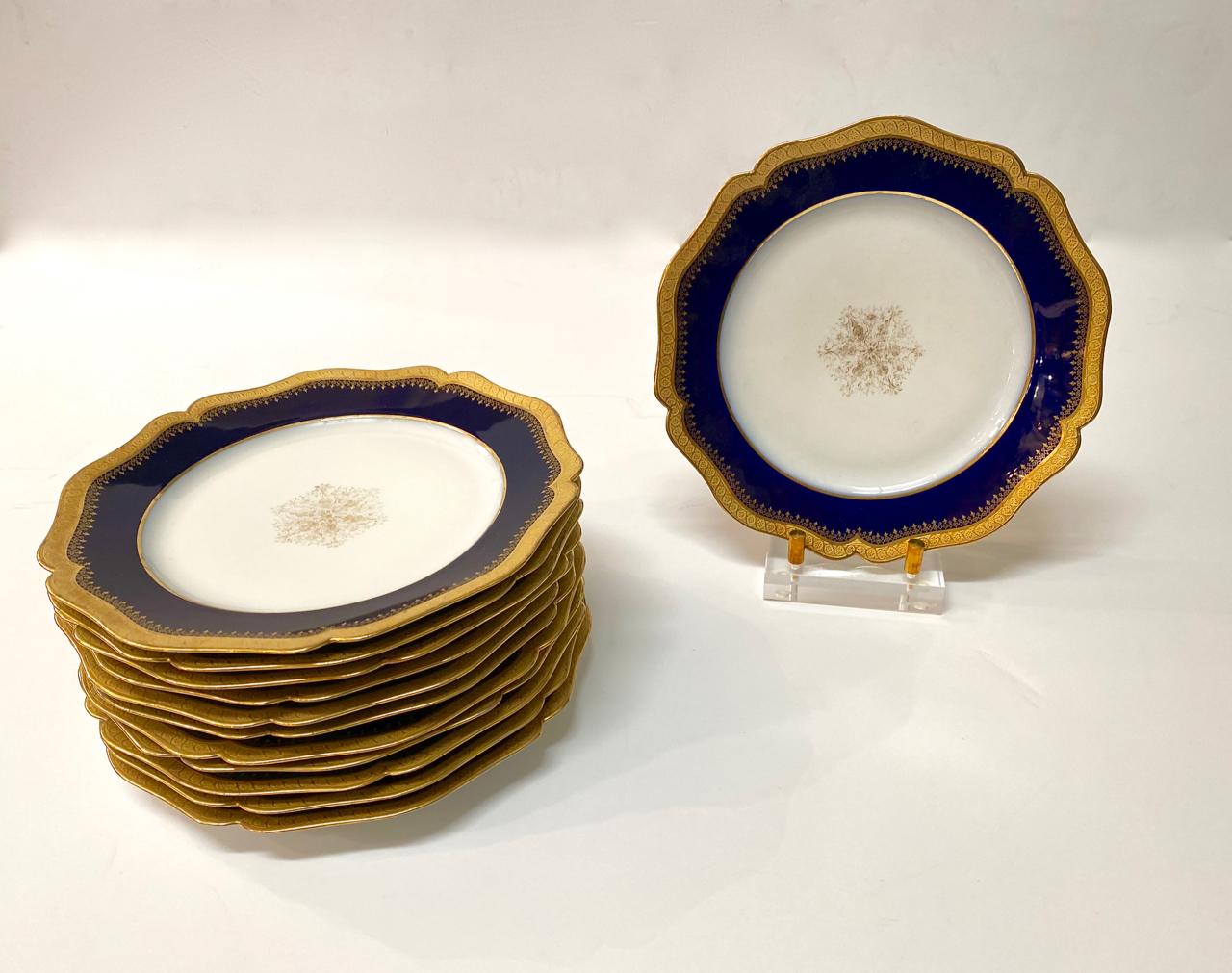 Neoclassical Limoges Cobalt and Gold Rimmed Dinner Plates, Set of 12