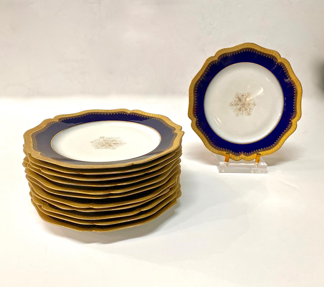 Neoclassical Limoges Cobalt and Gold Salad or Dessert Plates, Set of 12