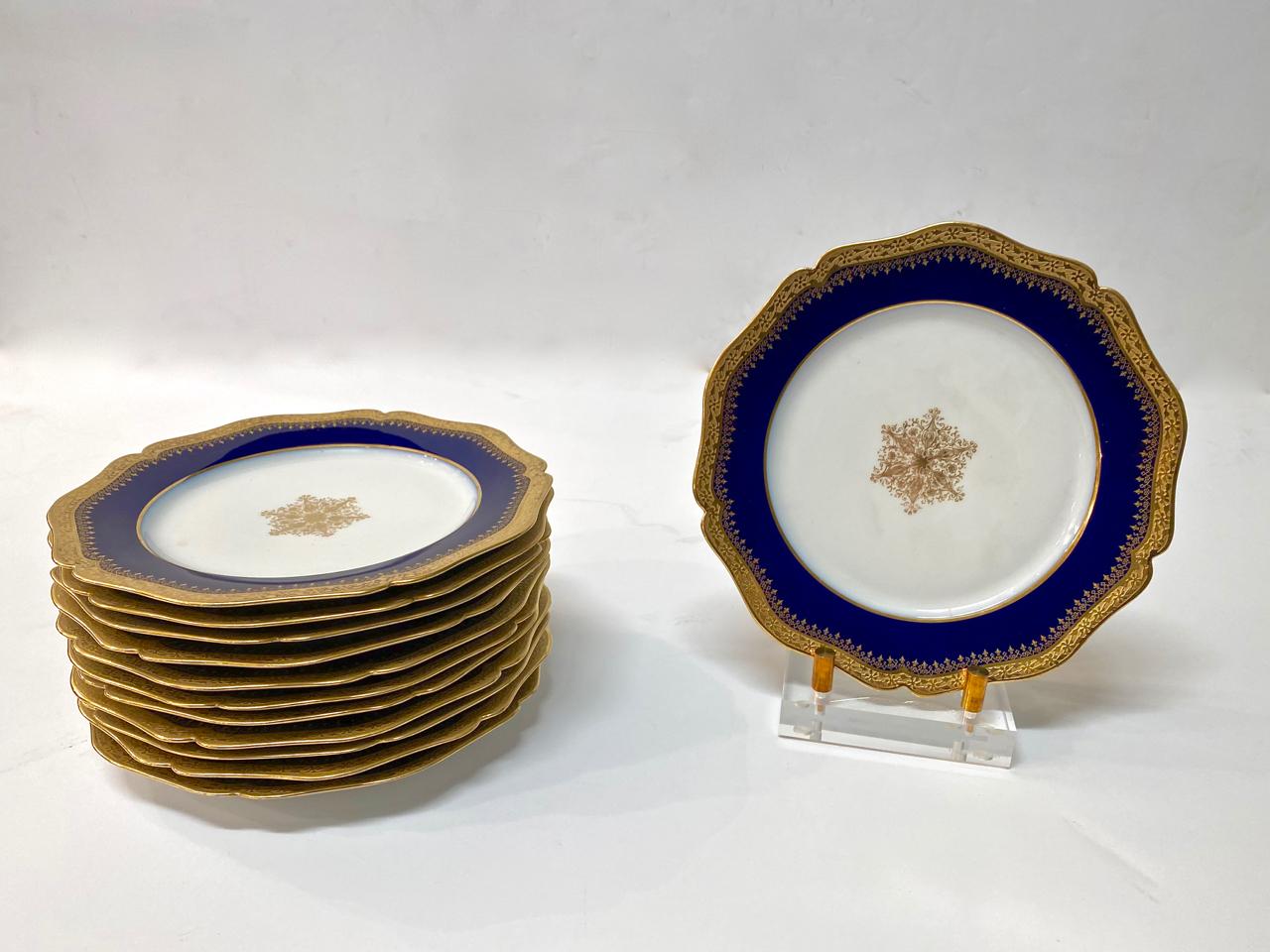 French Limoges Cobalt and Gold Salad or Dessert Plates, Set of 12