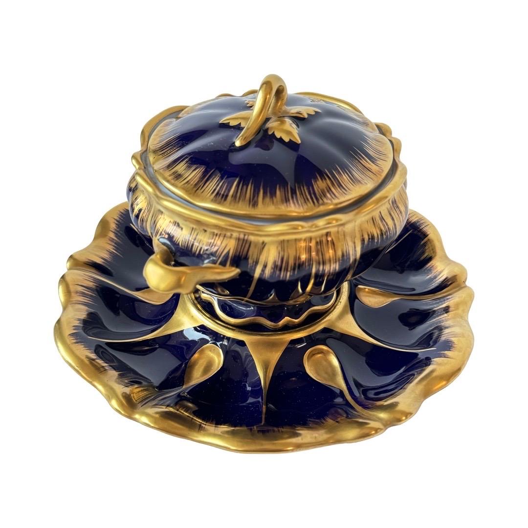 Baroque Limoges Cobalt Blue and Gold Hand-Painted Sauce Dish with Tray For Sale