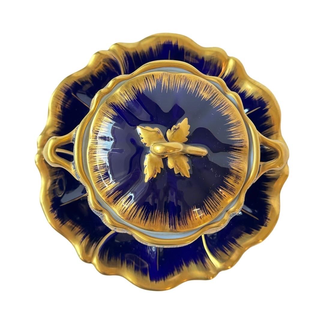 Limoges Cobalt Blue and Gold Hand-Painted Sauce Dish with Tray In Good Condition For Sale In CANNES, FR