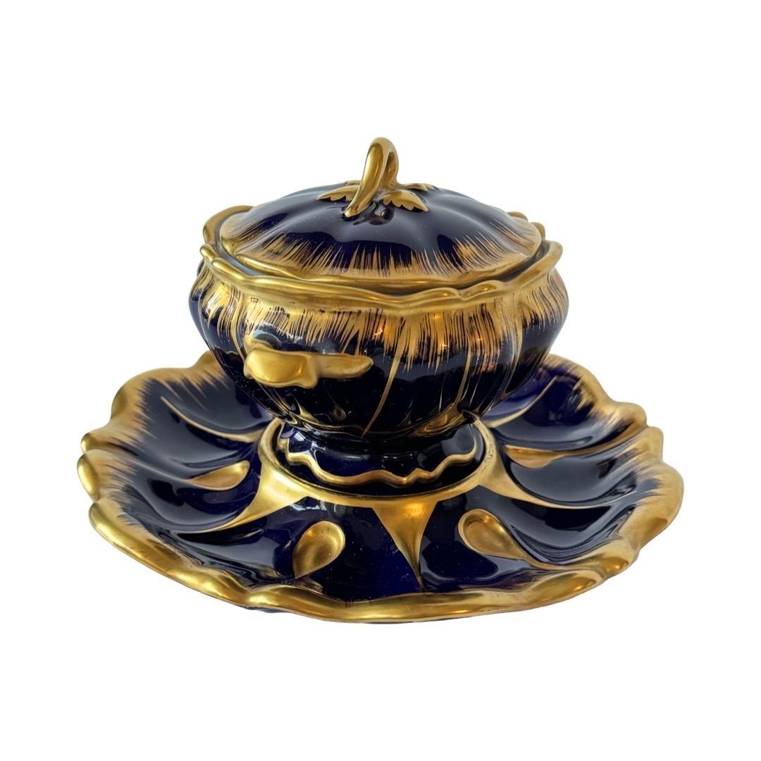 19th Century Limoges Cobalt Blue and Gold Hand-Painted Sauce Dish with Tray For Sale