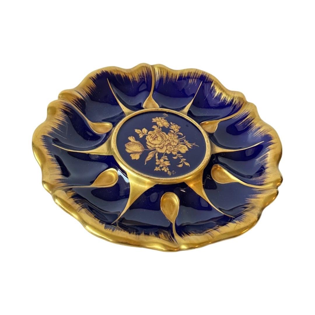 Porcelain Limoges Cobalt Blue and Gold Hand-Painted Sauce Dish with Tray For Sale