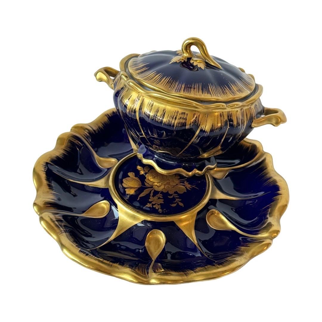 Limoges Cobalt Blue and Gold Hand-Painted Sauce Dish with Tray For Sale 1