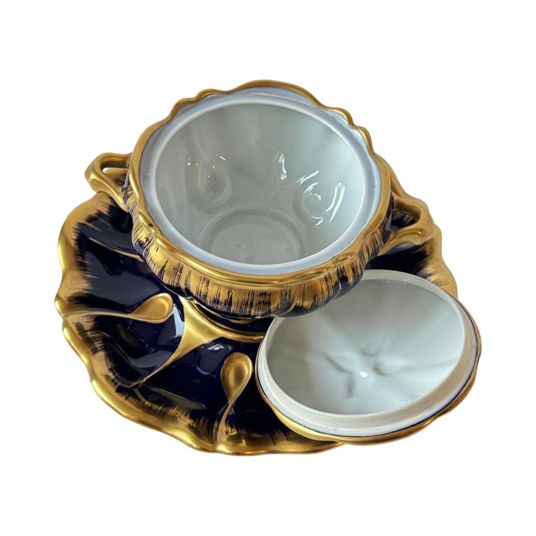 Limoges Cobalt Blue and Gold Hand-Painted Sauce Dish with Tray For Sale 2