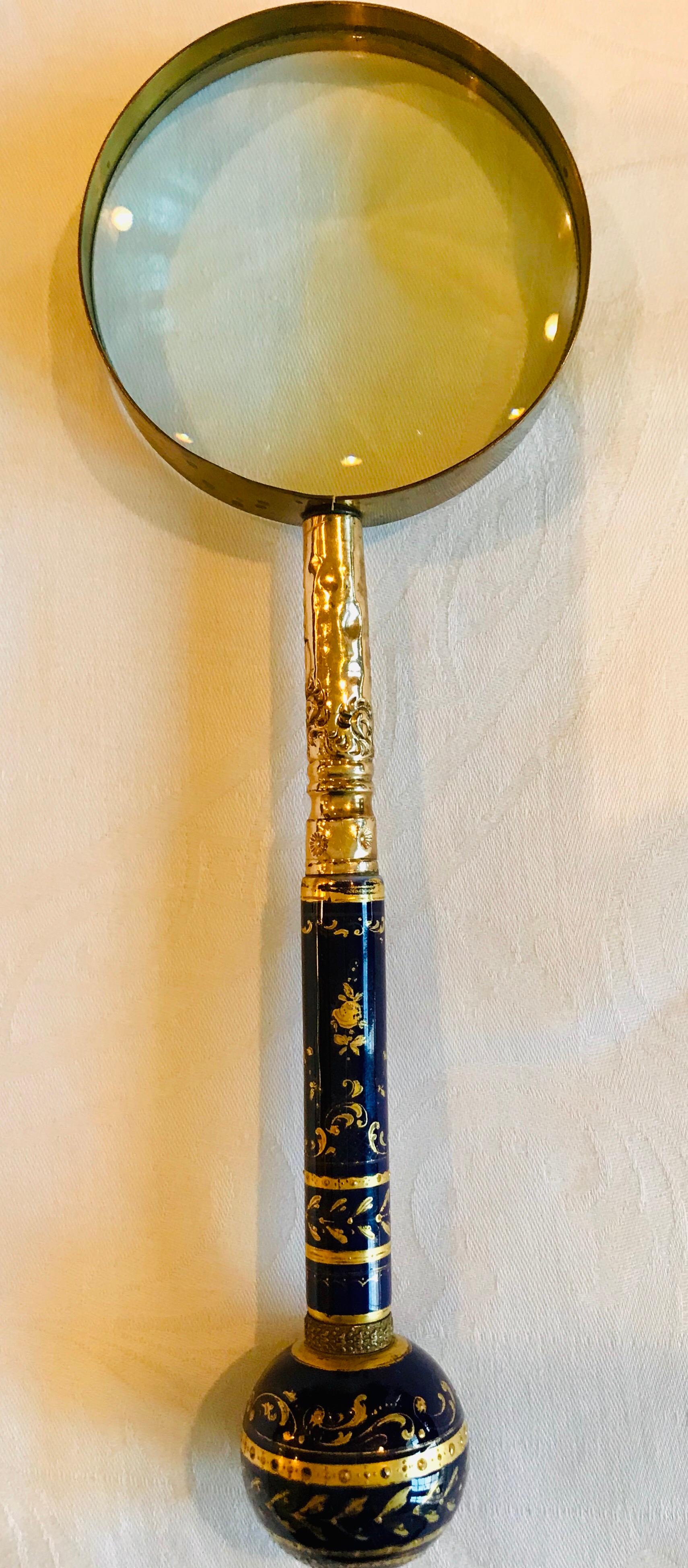 Hand-Painted Limoges Cobalt Gold Encrusted Library Magnifying Glass For Sale