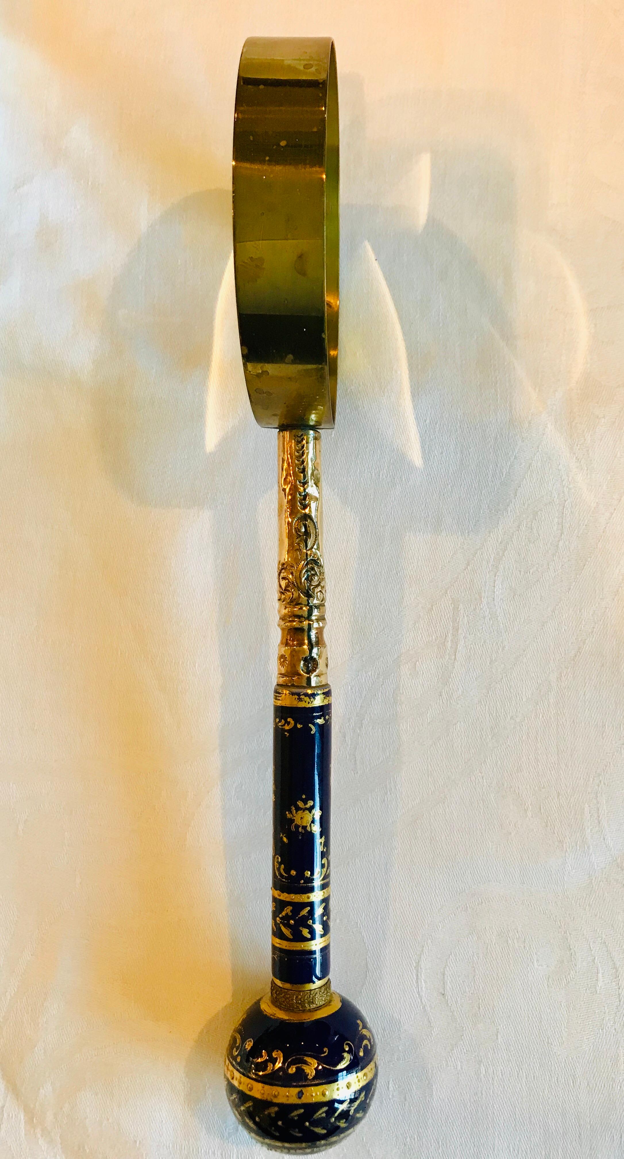 Brass Limoges Cobalt Gold Encrusted Library Magnifying Glass For Sale