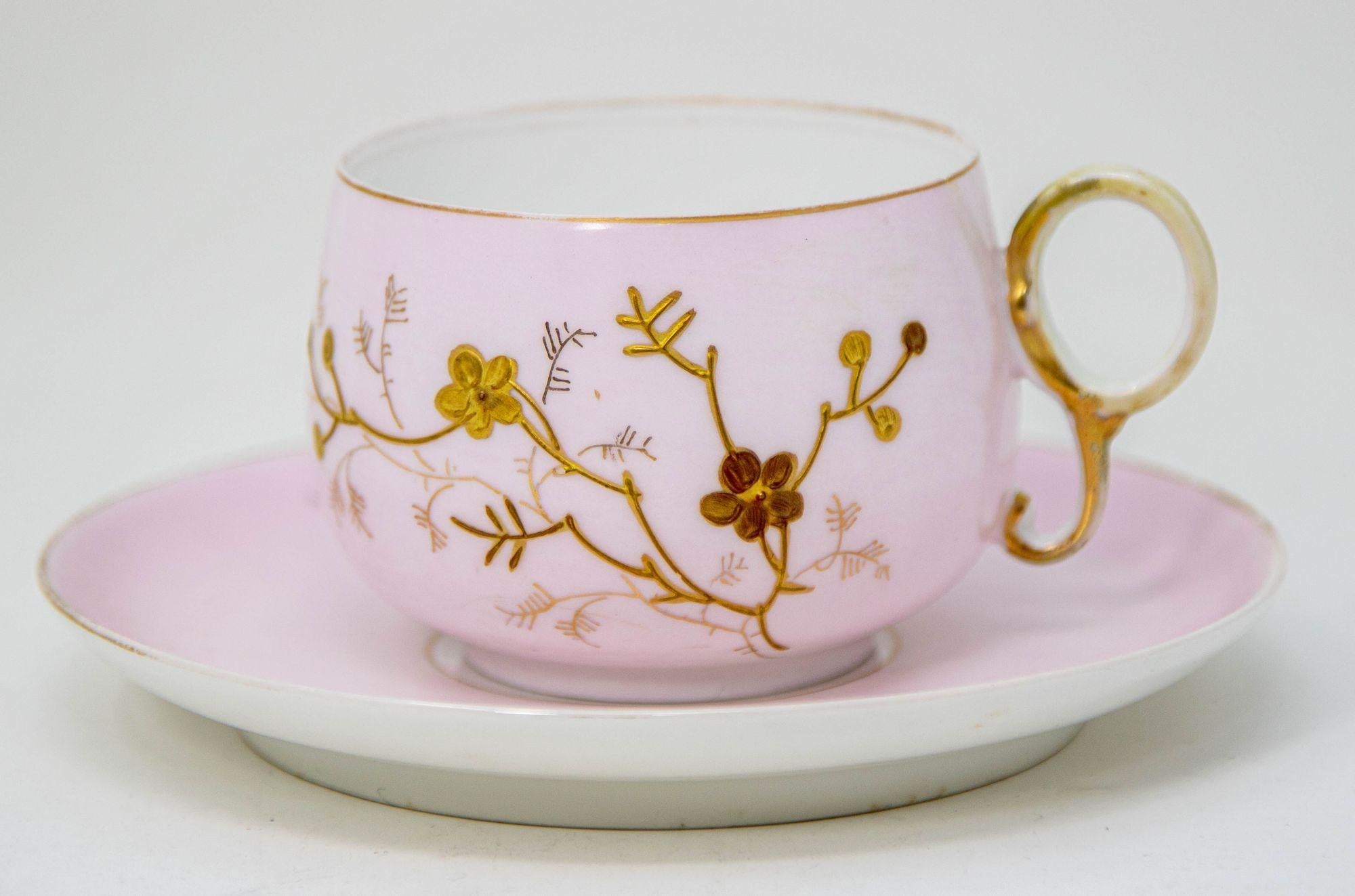 Limoges Elite Francia Pintada a Mano Taza de Té Floral Rosa Platillo Fina China 1930 en venta 2