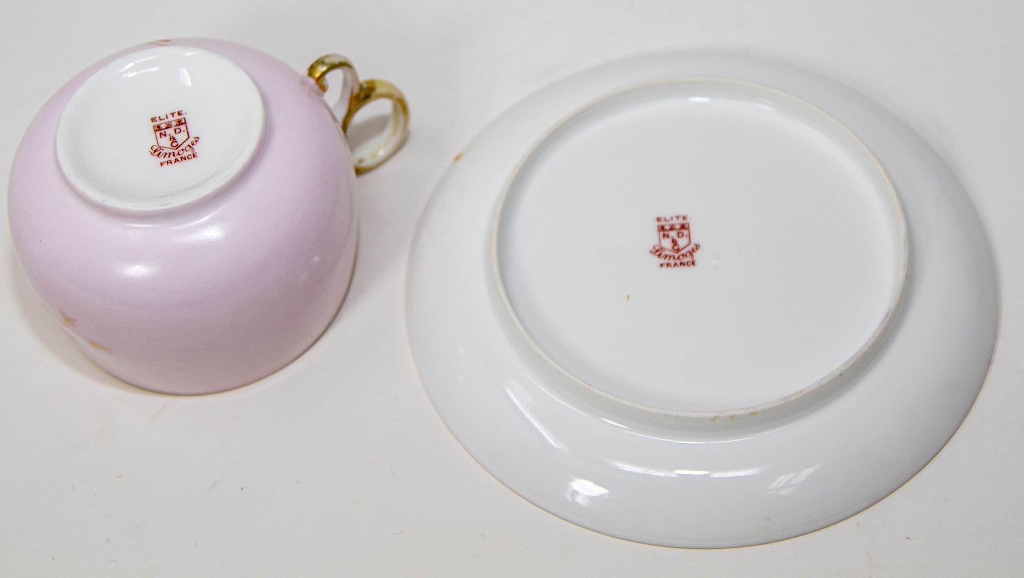 Limoges Elite Francia Pintada a Mano Taza de Té Floral Rosa Platillo Fina China 1930 en venta 3