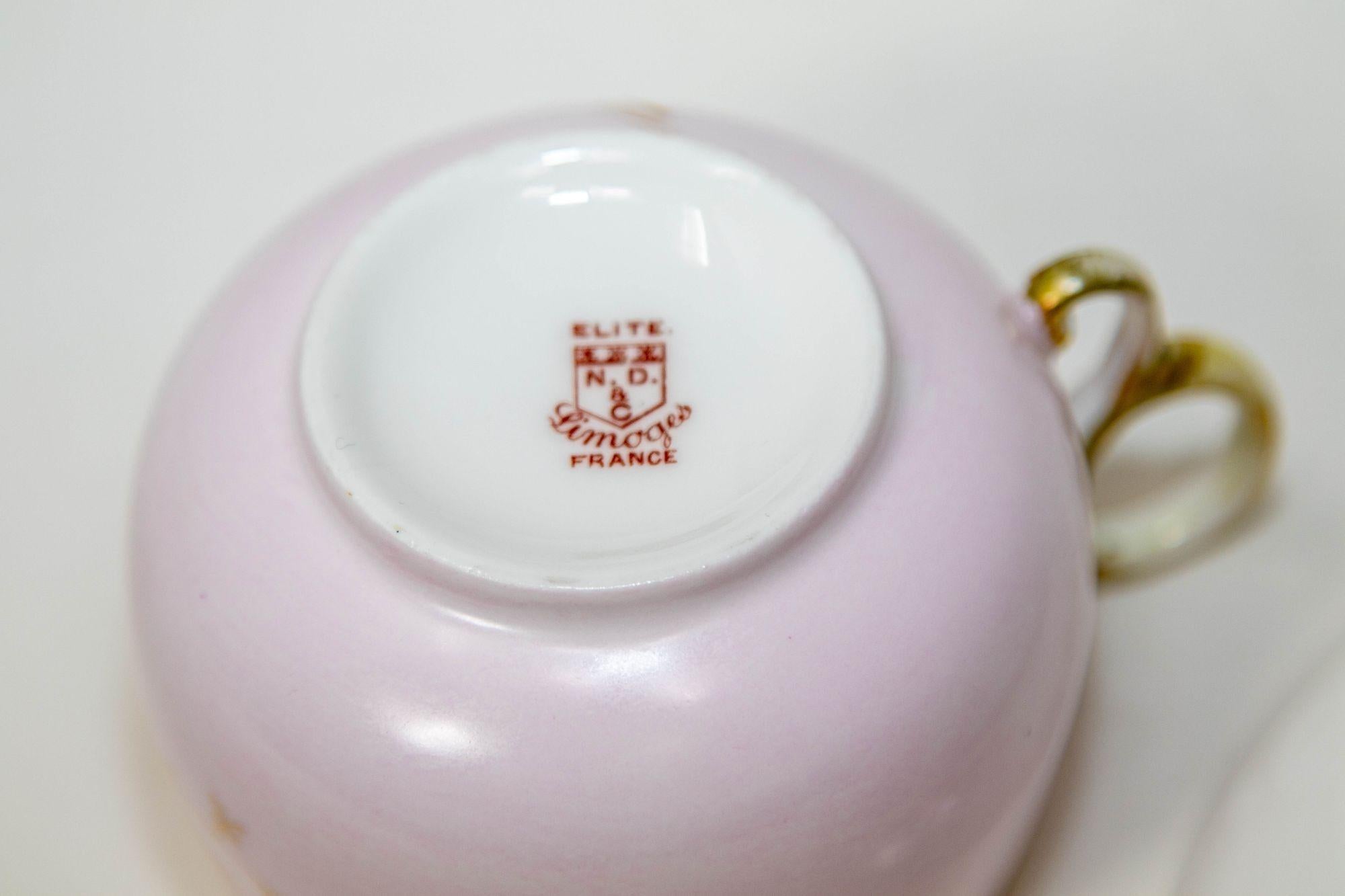 Limoges Elite Francia Pintada a Mano Taza de Té Floral Rosa Platillo Fina China 1930 siglo XX en venta