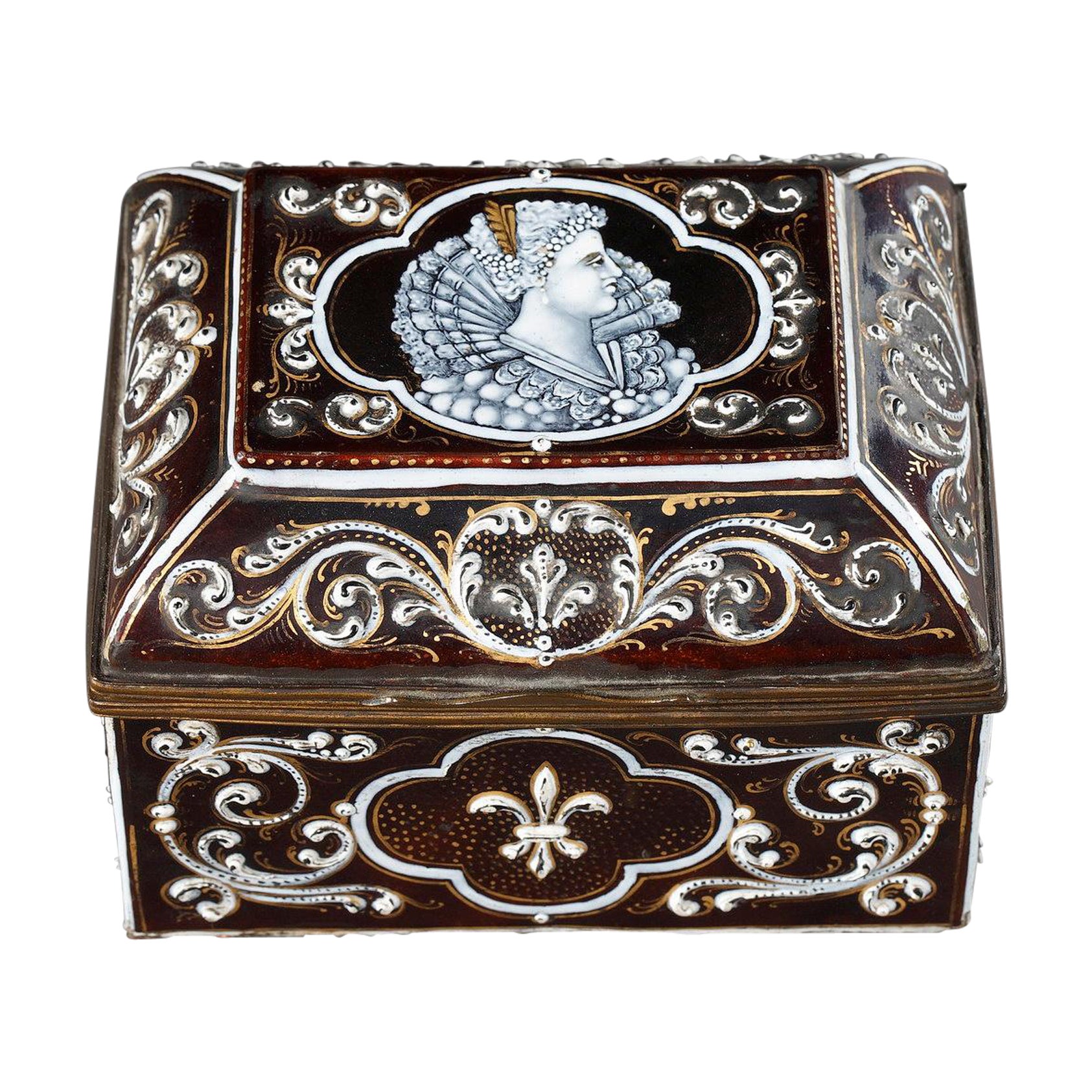 Limoges-Emaille-Andenkenbox. Zweite Hälfte des 19. Jahrhunderts.