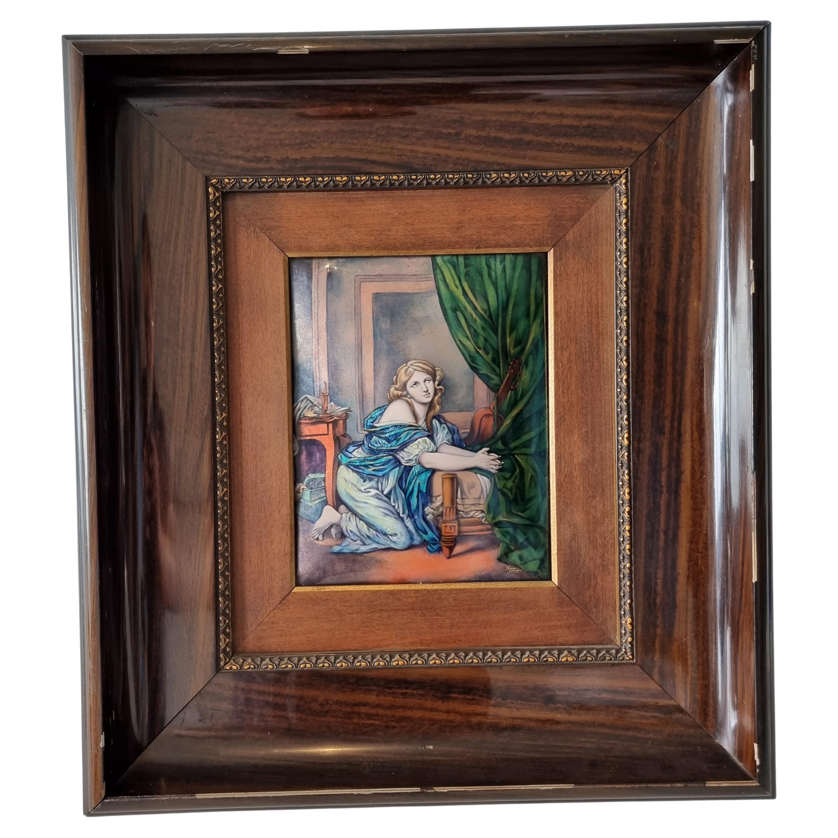 Limoges Enamel on Copper Panel of a Lady in Frame For Sale