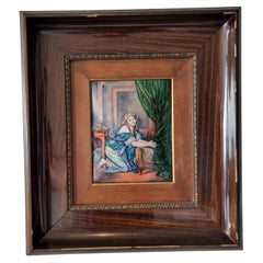 Panneau d'émail de Limoges sur cuivre représentant une dame dans un cadre