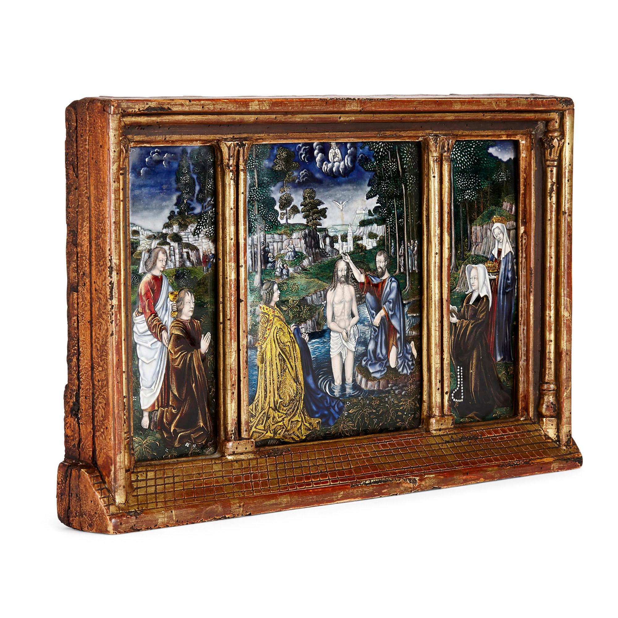 Limoges enamel plaque after Gerard David's Baptism of Christ
French, 19th century
Measures: Height 21cm, width 33cm, depth 4cm

Composed of three Limoges enamel plaques set into a giltwood frame, this superb object is a wonderful example of 19th