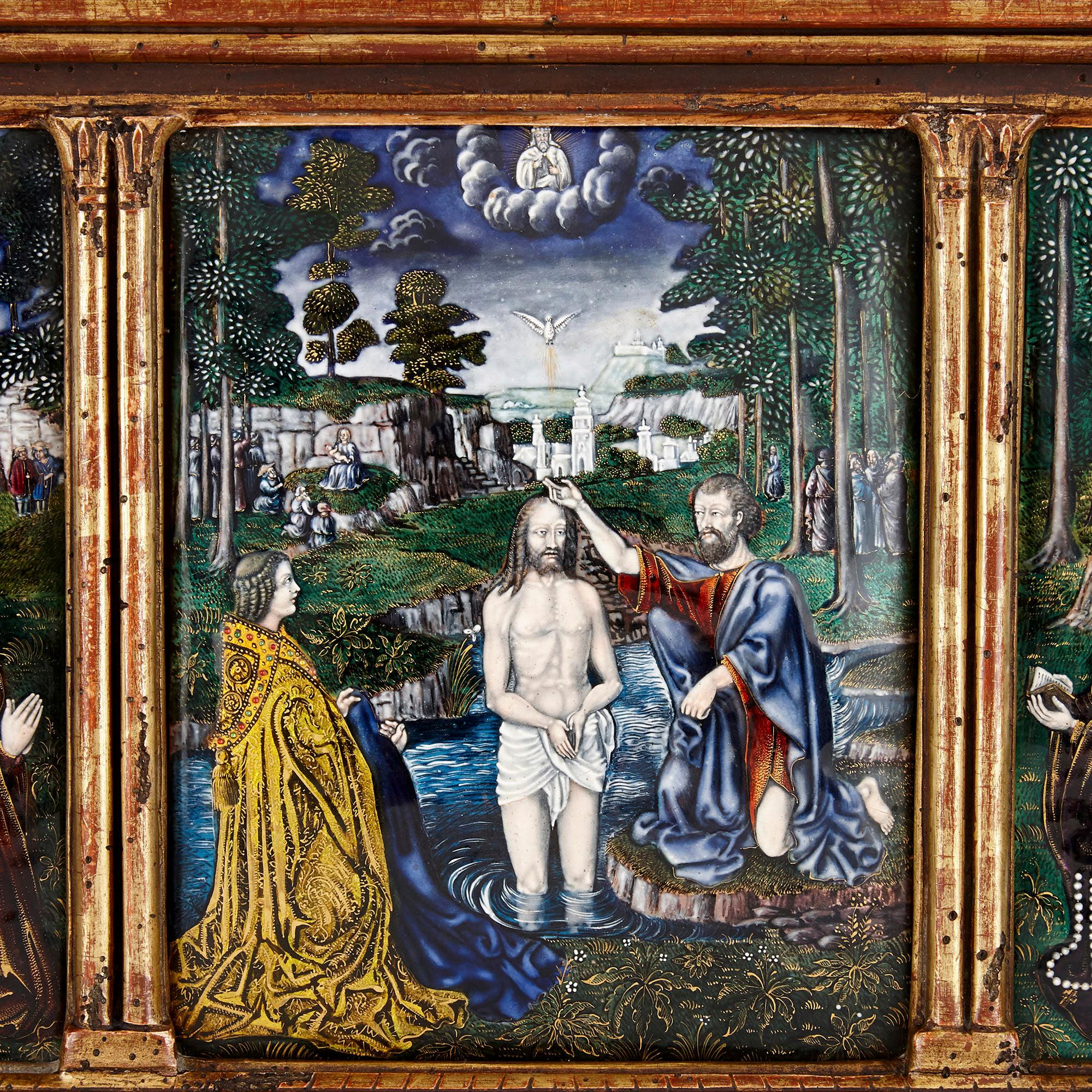 Renaissance Limoges Enamel Plaque after Gerard David's Baptism of Christ
