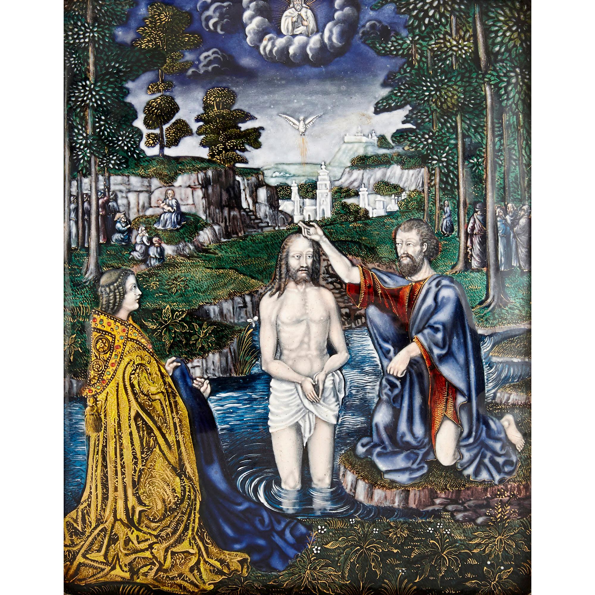 French Limoges Enamel Plaque after Gerard David's Baptism of Christ