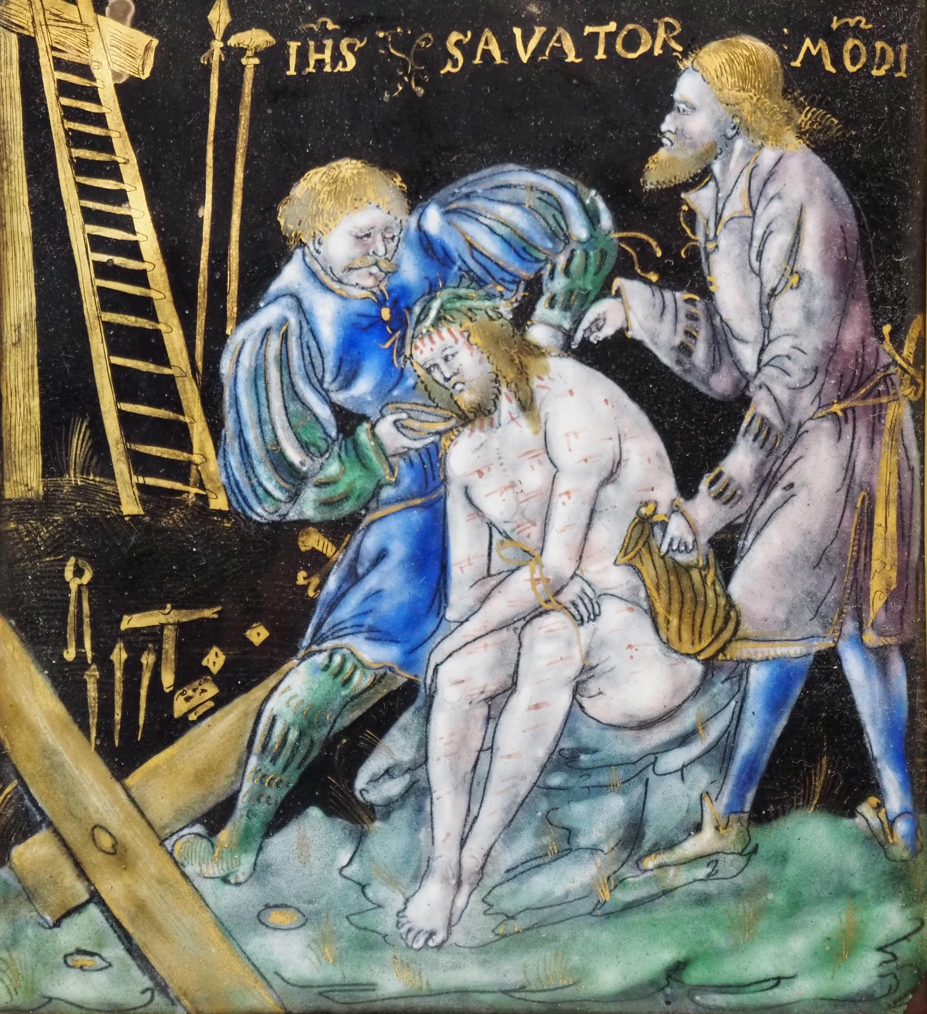 Français Plaque en émail de Limoges représentant le Christ sur une pierre froide, France, milieu du 16e siècle en vente