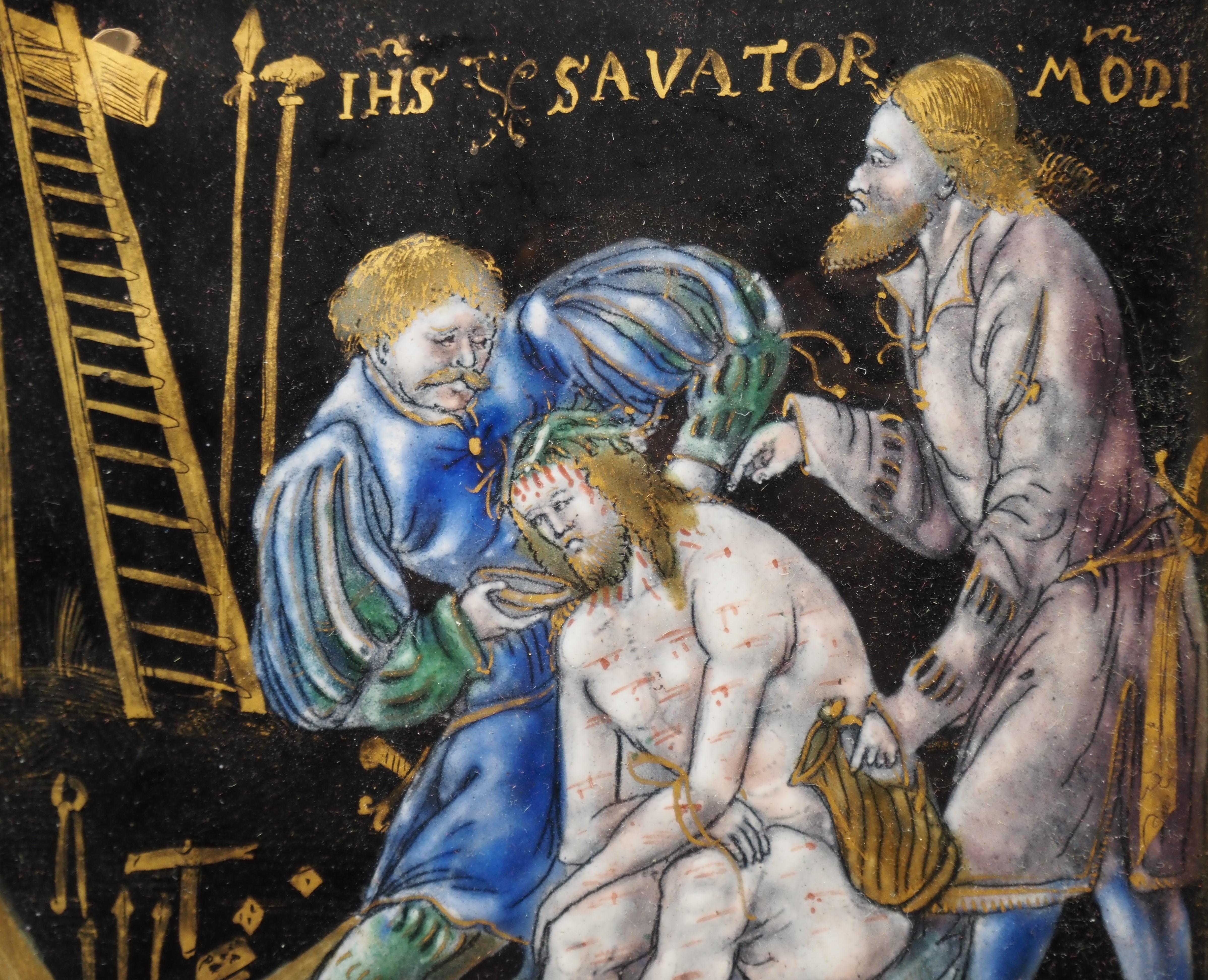 Plaque en émail de Limoges représentant le Christ sur une pierre froide, France, milieu du 16e siècle Bon état - En vente à Gorssel, GE