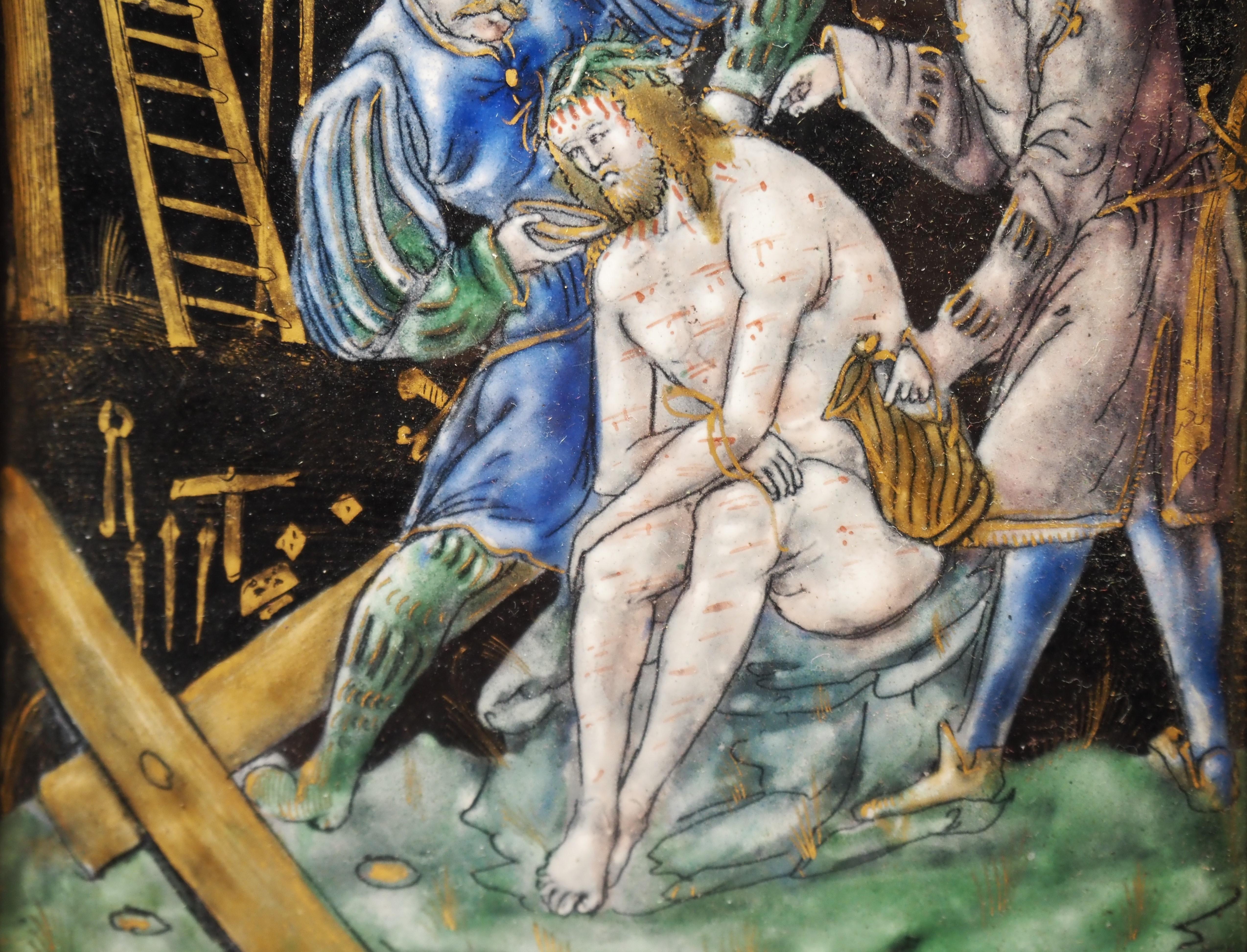 XVIIIe siècle et antérieur Plaque en émail de Limoges représentant le Christ sur une pierre froide, France, milieu du 16e siècle en vente