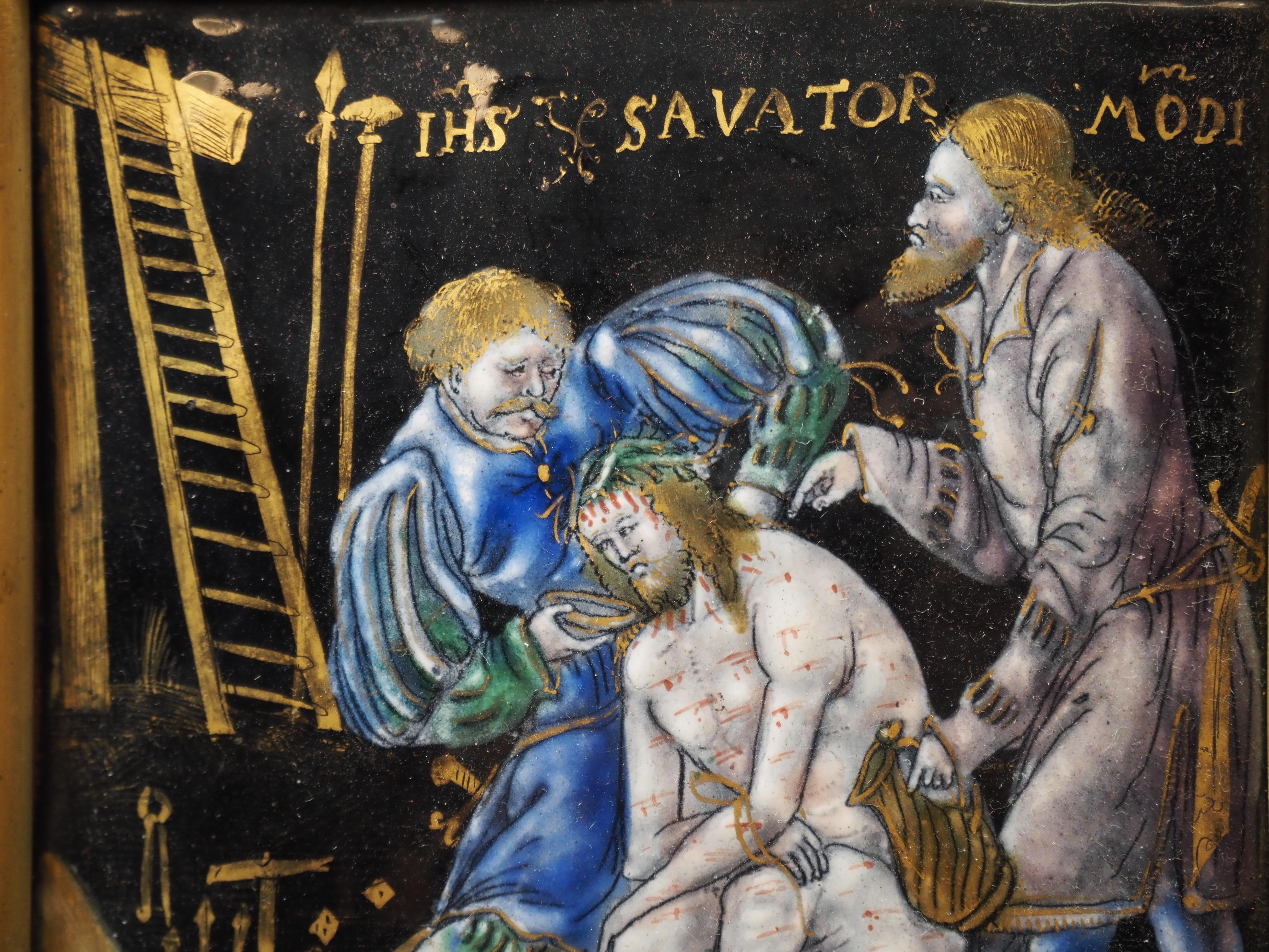 Cuivre Plaque en émail de Limoges représentant le Christ sur une pierre froide, France, milieu du 16e siècle en vente