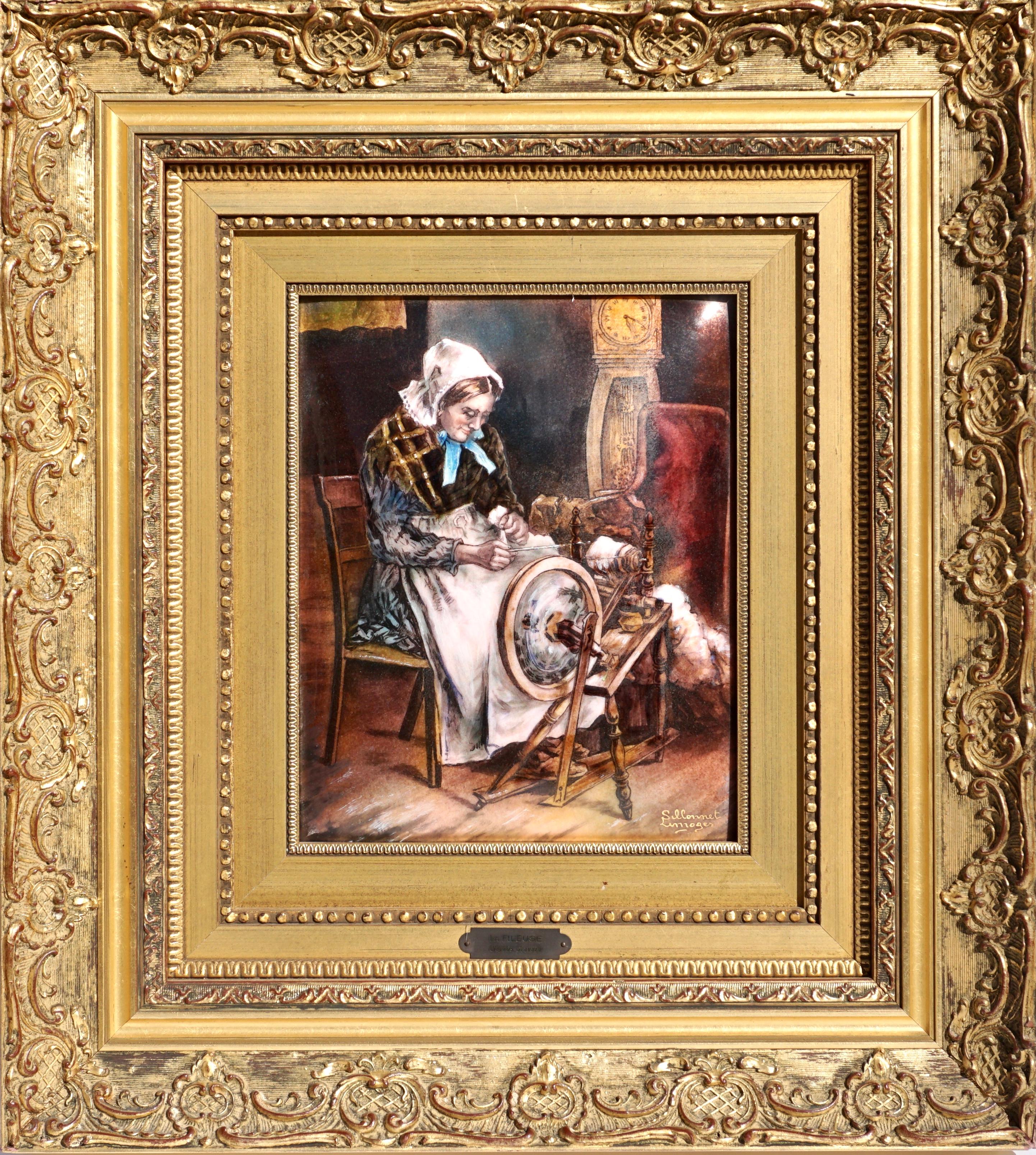 A large enamel on a convened copper plaque. The scene is of a seated elderly woman looming cotton or wool yarn, Circa 1900. Hand painted then baked on in a oven by Limoges.

Signed “Limoges Sillonnet”

Plaque dimensions: 11 inches x 8.75
