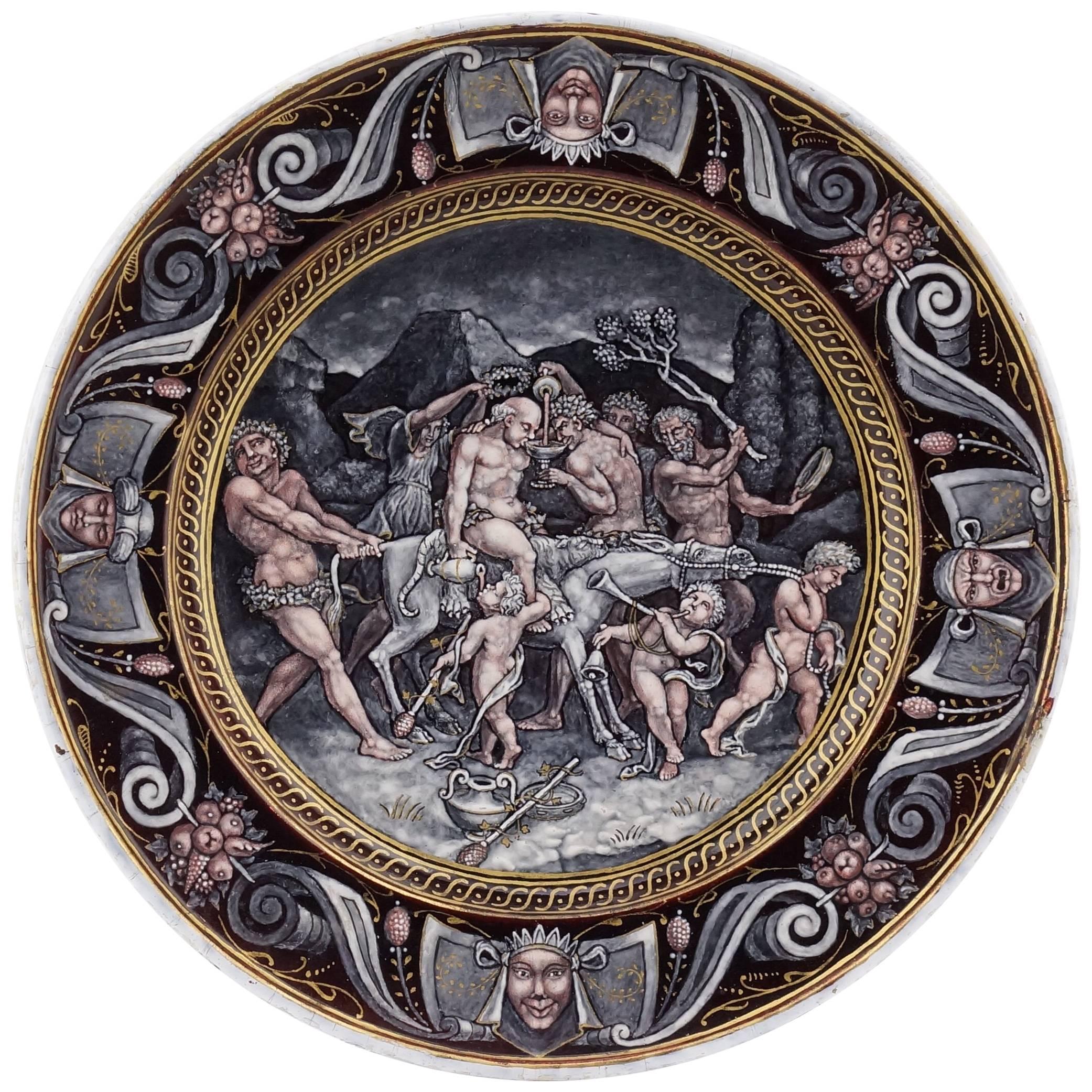 Limoges Enamel Plate, 'Silenious', 16th Century Style, 18th-19th Century