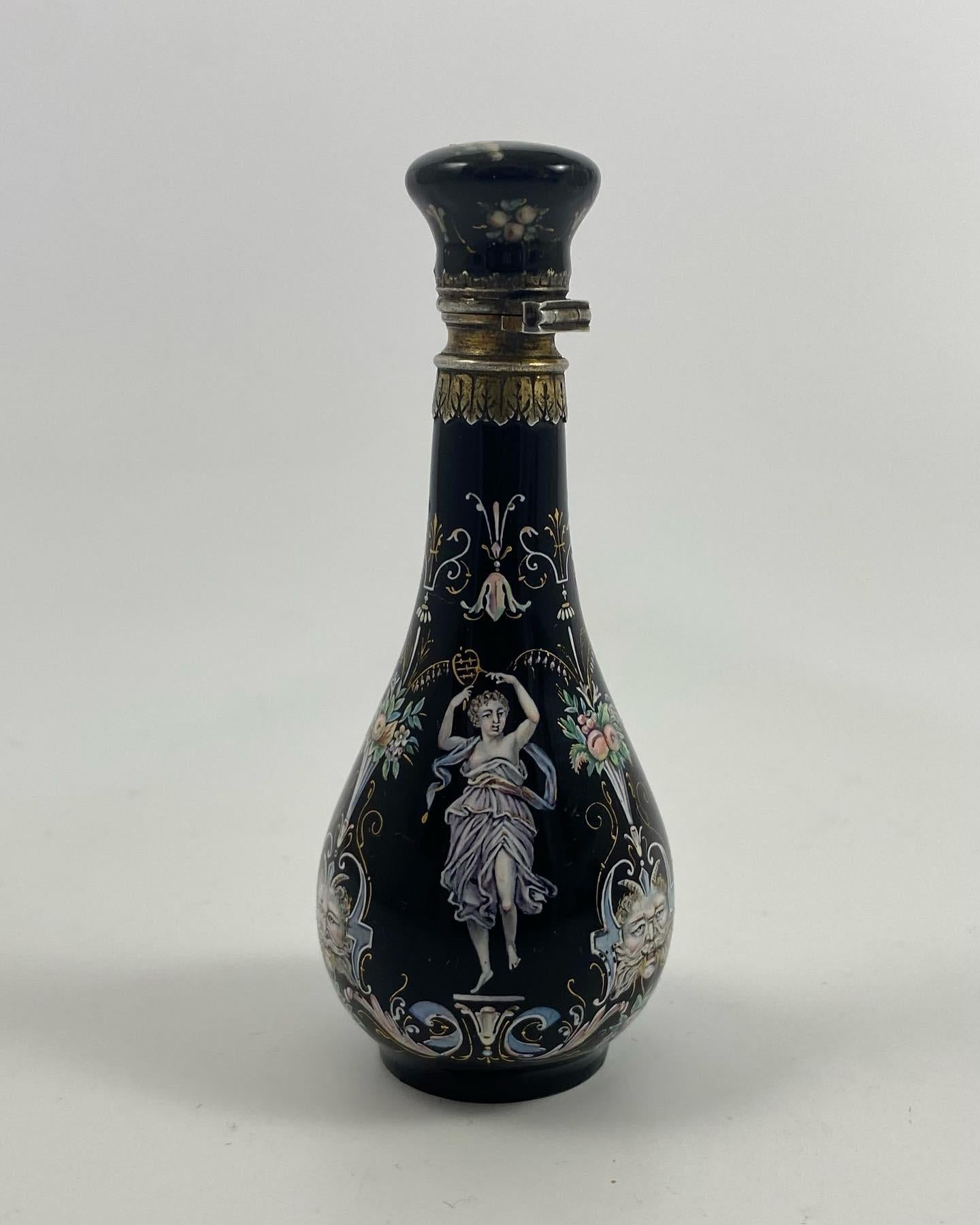 Victorian Limoges Enamel Scent Bottle, Silver Mounts, c. 1880