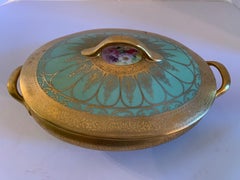Limoges Fine Porcelain Dinnerware Covered Oval Soup Tureen Rare Green and Gold