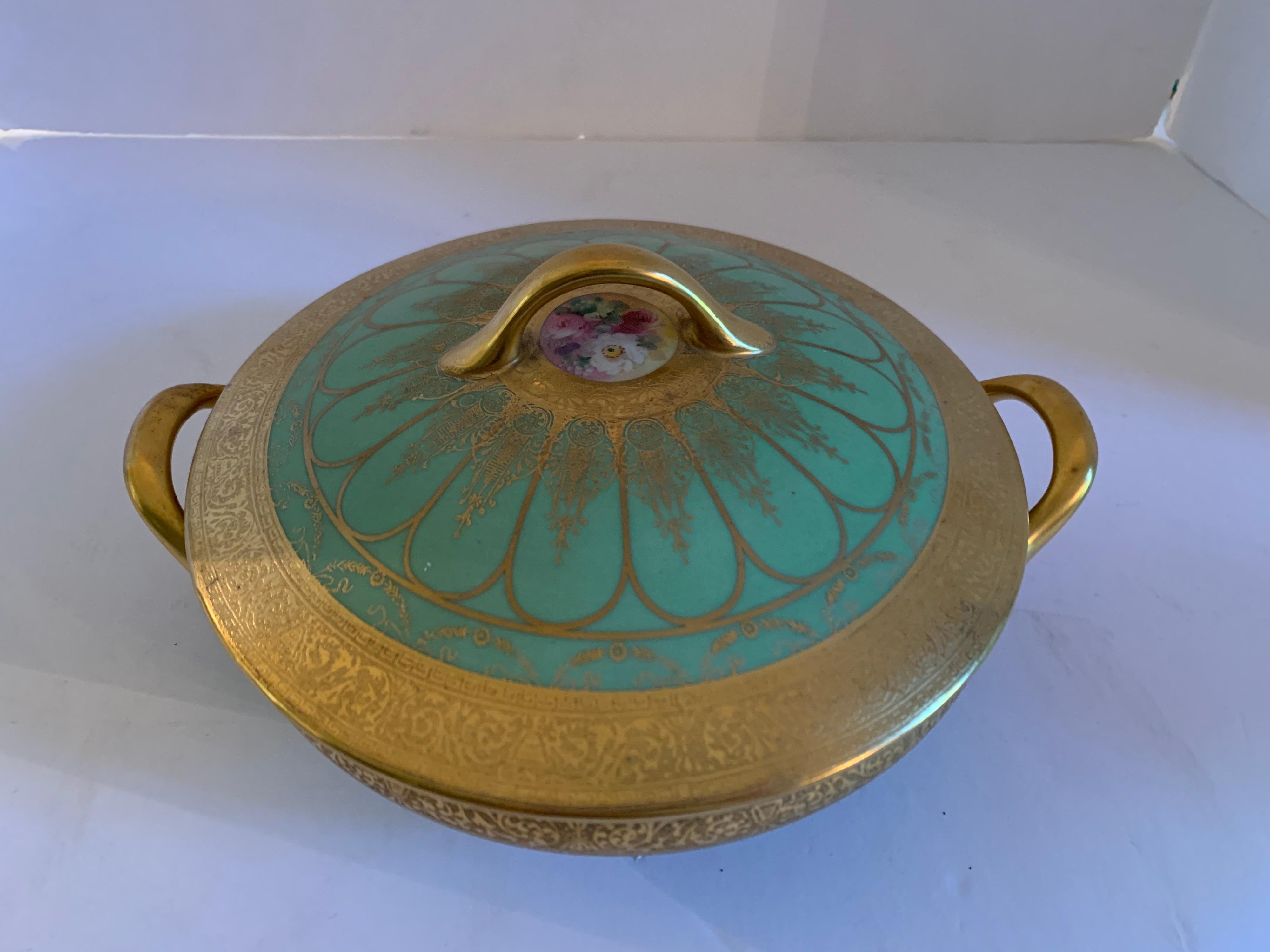 Rare signed Limoges green and gold fine porcelain piece. Ultra-rare style. One of several
pieces we will be selling on 1stDibs this week exclusively. Now, more than ever, home is where the heart is.
