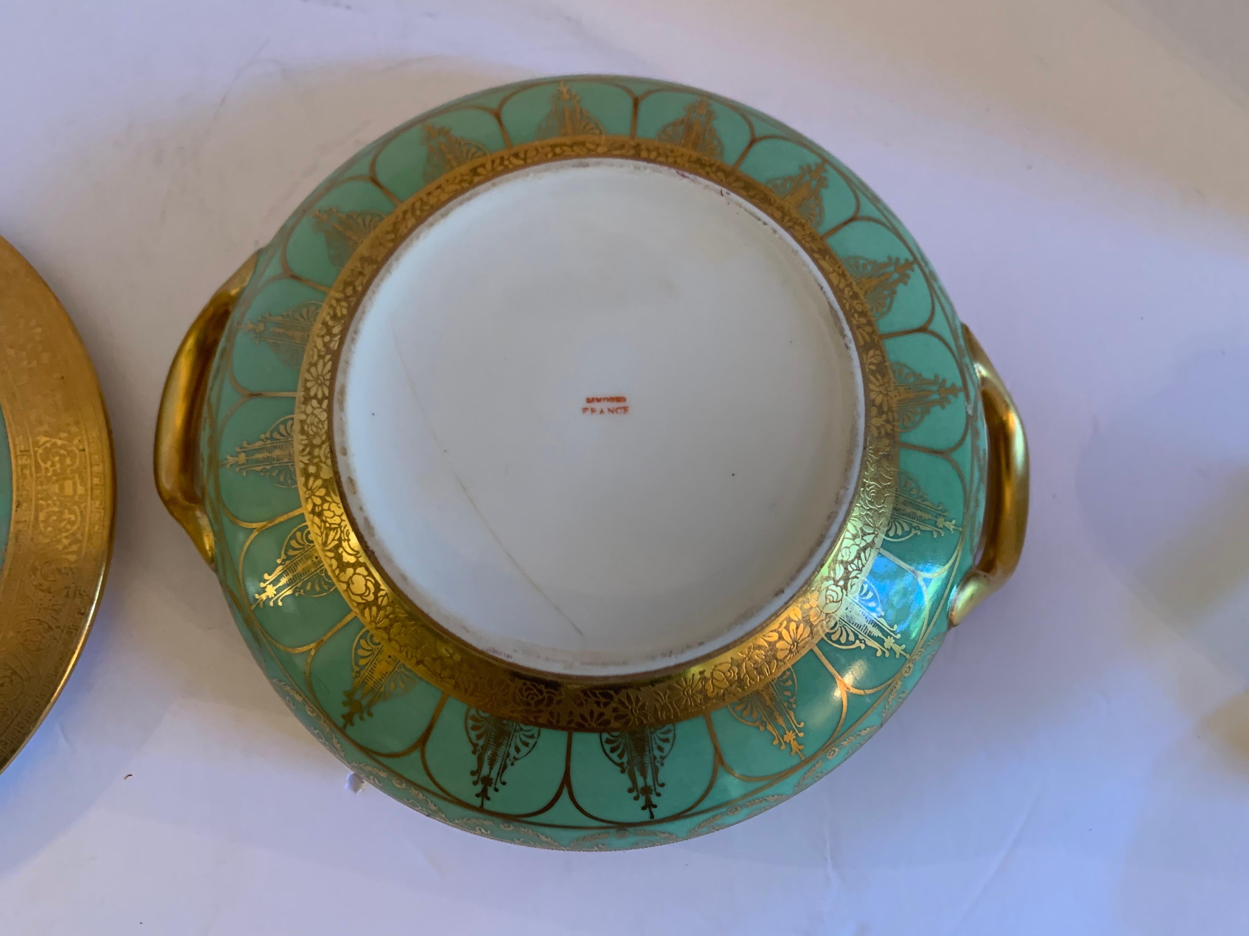 Limoges Fine Porcelain Dinnerware Green and Gold Covered Round Tureen 1