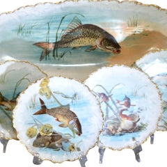 Limoges Fish Design Plates with Large Platter, Sauce Boat and Underplate