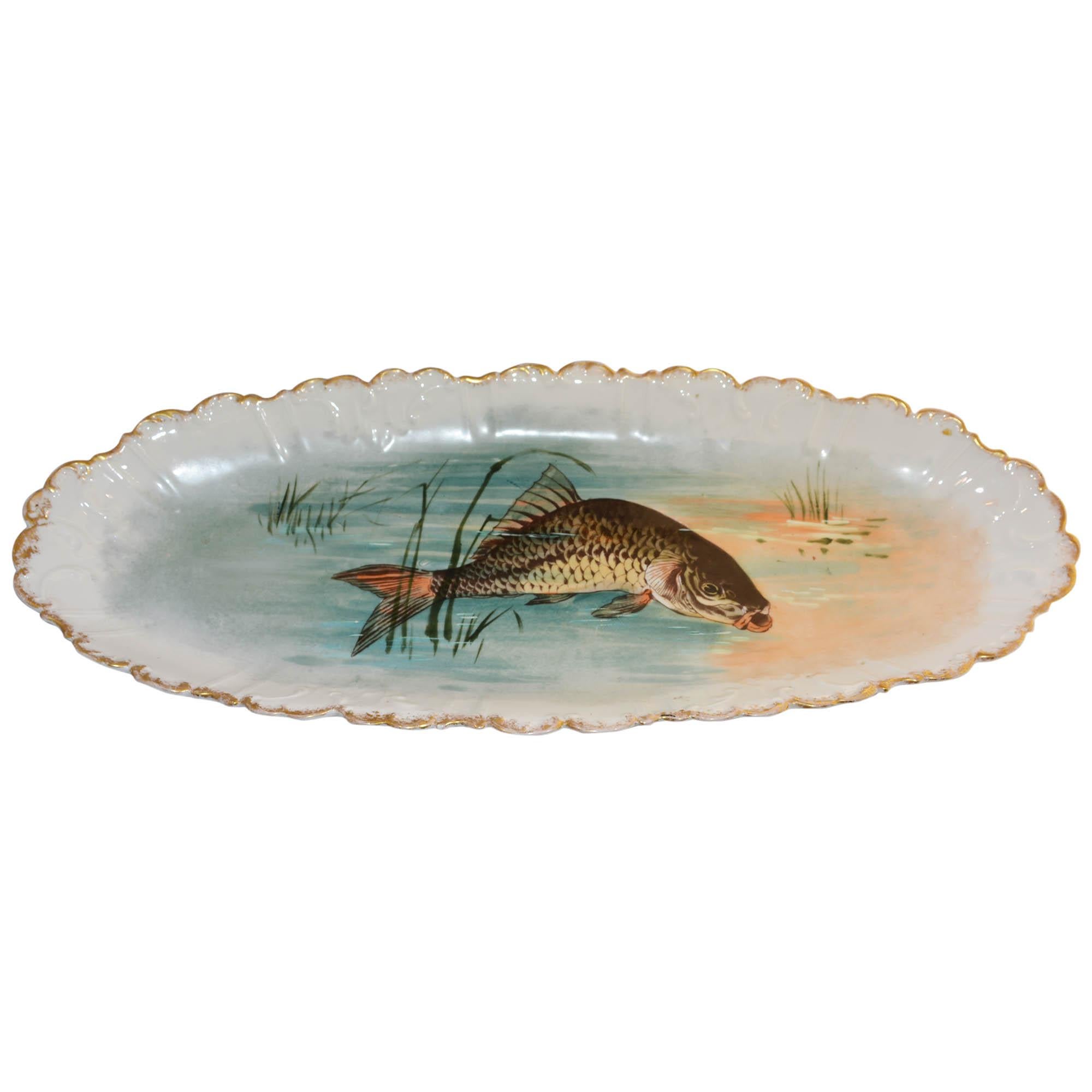 Hand-Painted Limoges Fish Design Plates with Large Platter, Sauce Boat and Underplate
