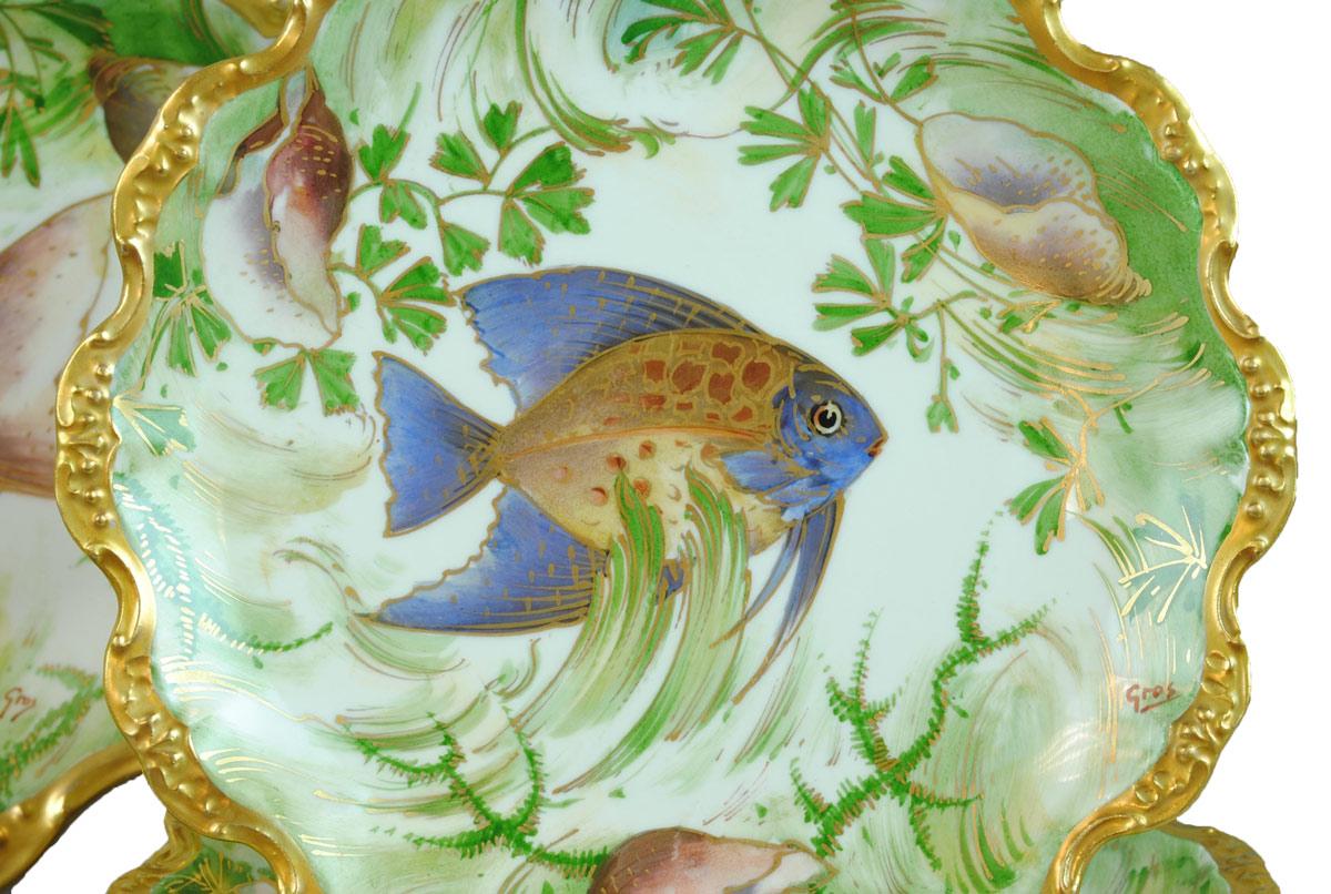 French Limoges Fish Set for 12 Richly Decorated Hand Painted Porcelain, 19th Century