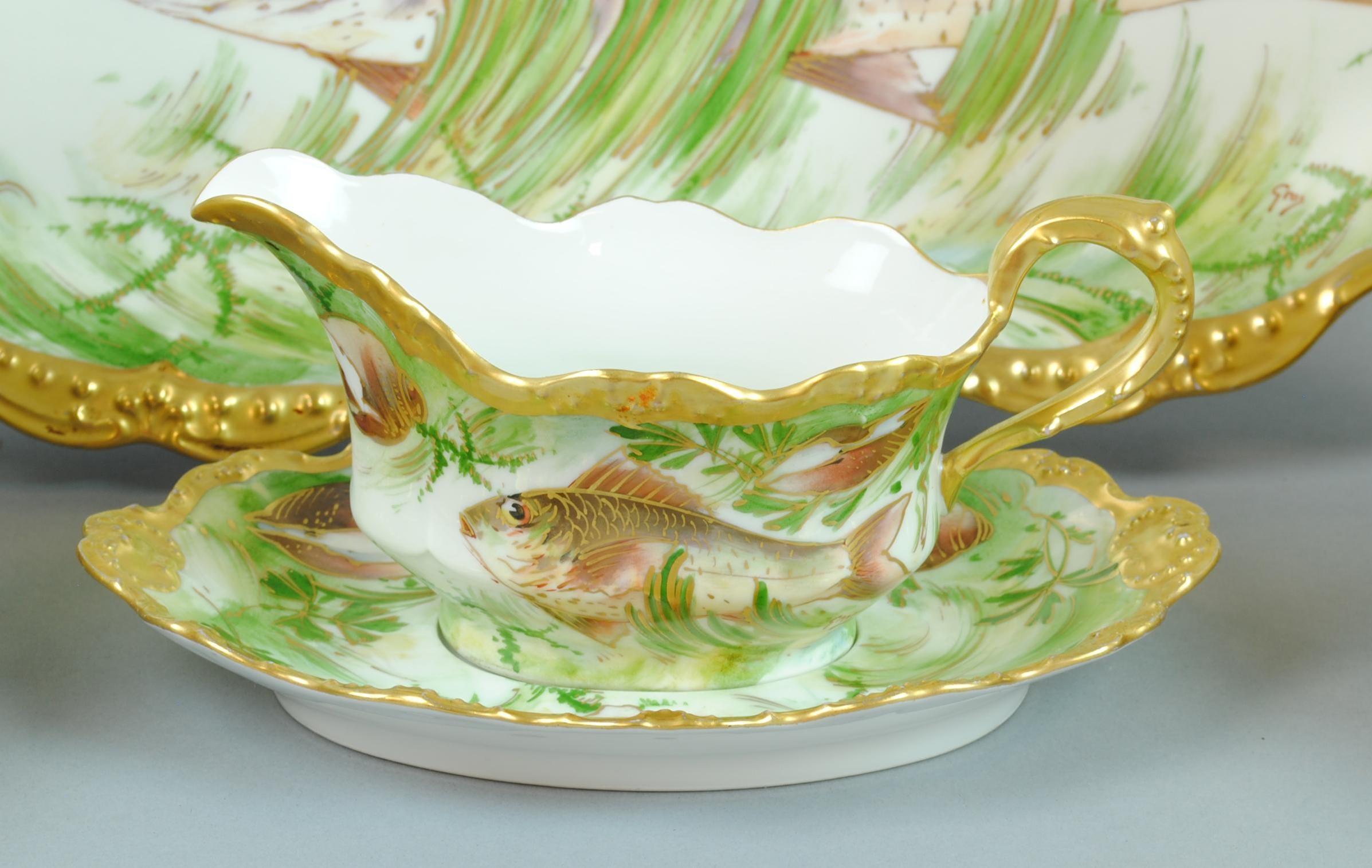 Late 19th Century Limoges Fish Set for 12 Richly Decorated Hand Painted Porcelain, 19th Century