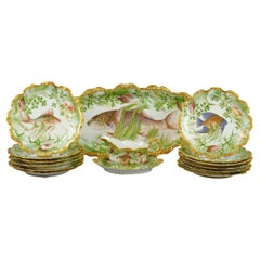 Antique Limoges Fish Set for 12 Richly Decorated Hand Painted Porcelain, 19th Century