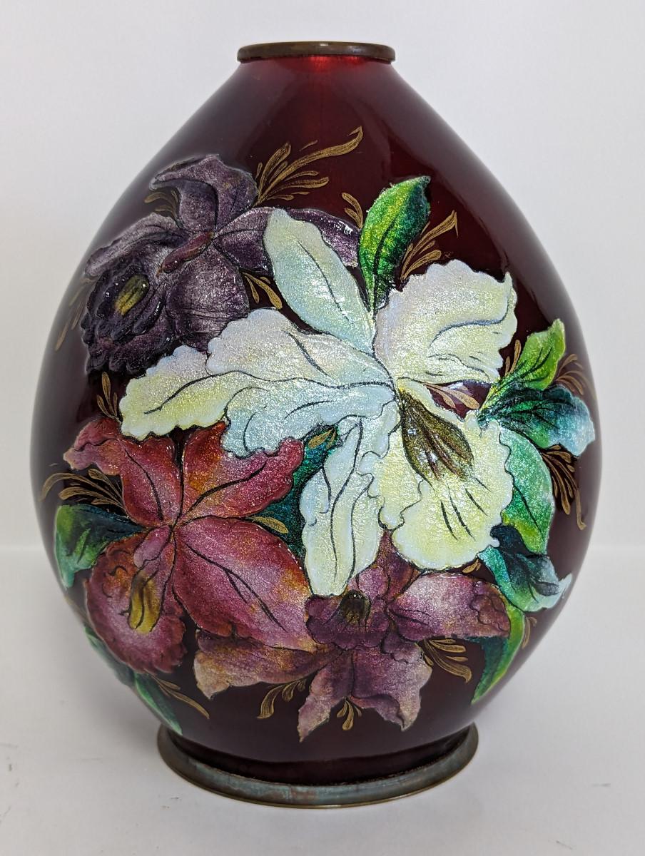 Limoges Vase aus emailliertem Kupfer mit Blumenmotiven von Camille Fauré (Art déco) im Angebot