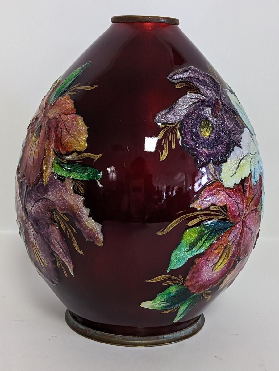 French Limoges Floral Enameled Copper Vase by Camille Fauré For Sale