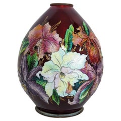 Antique Limoges Floral Enameled Copper Vase by Camille Fauré