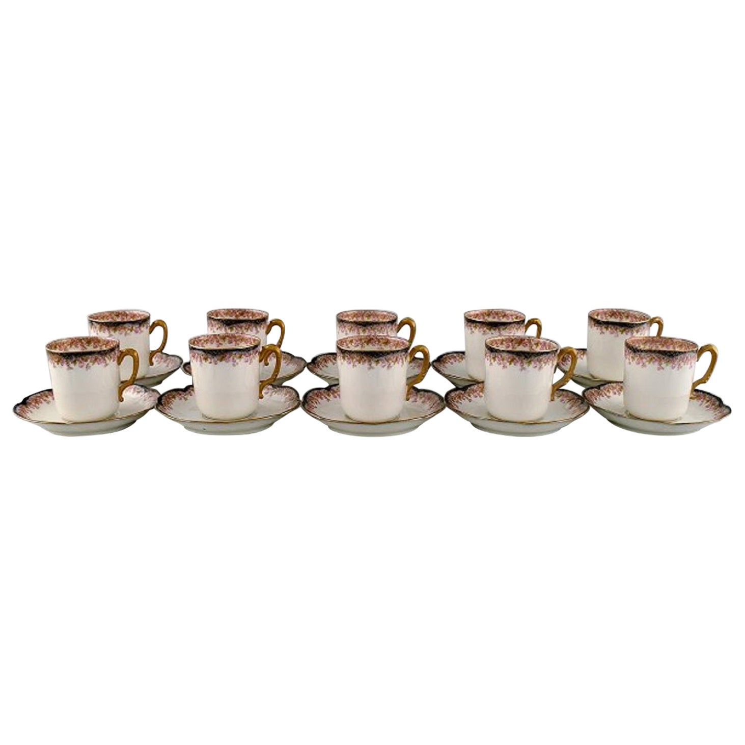10 tasses à moka avec soucoupes en porcelaine peinte à la main, Limoges, France